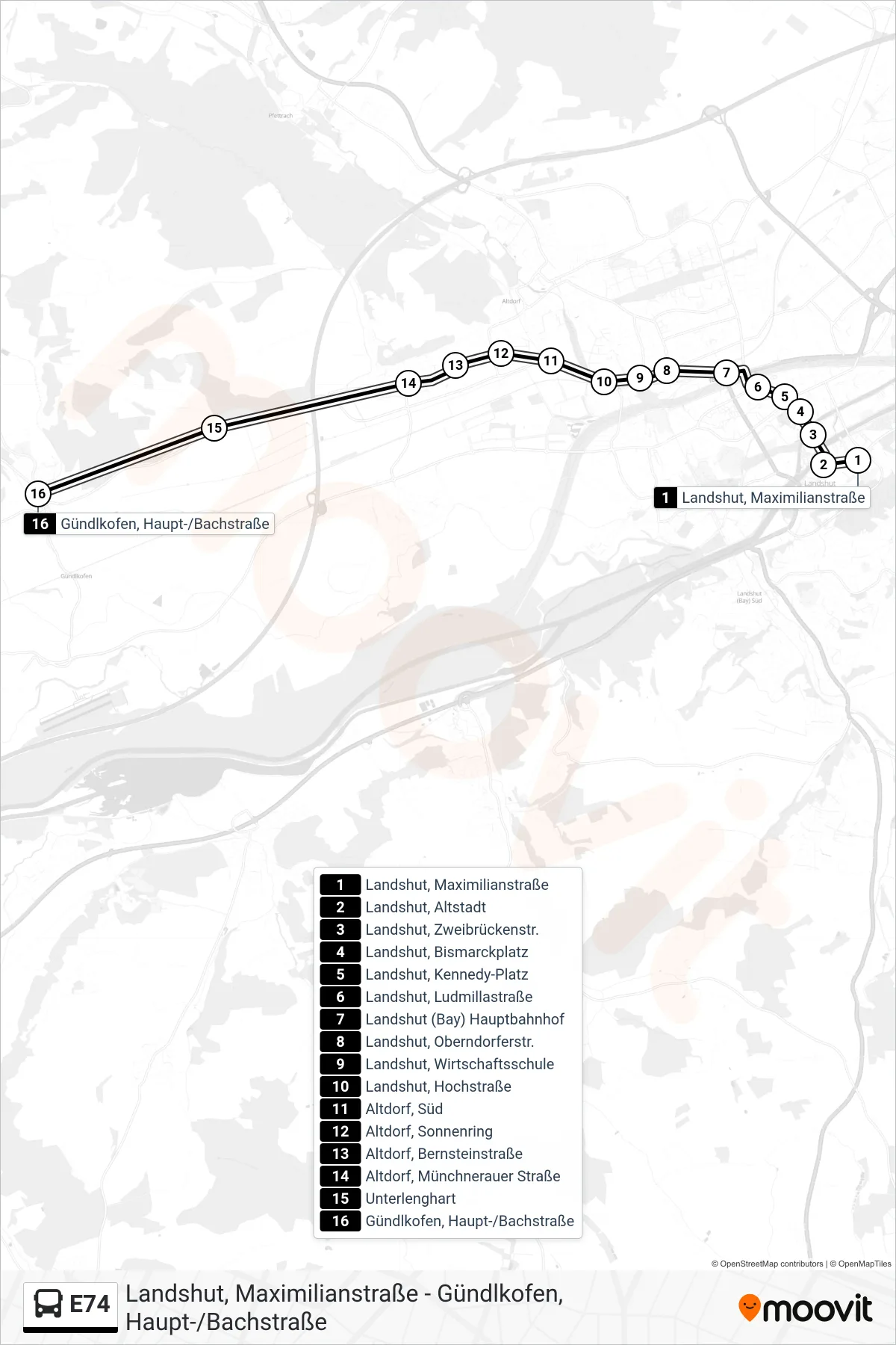 Linie E74 (Bus) Richtung Gündlkofen, Haupt-/Bachstraße: Route und Haltestellen auf der Karte