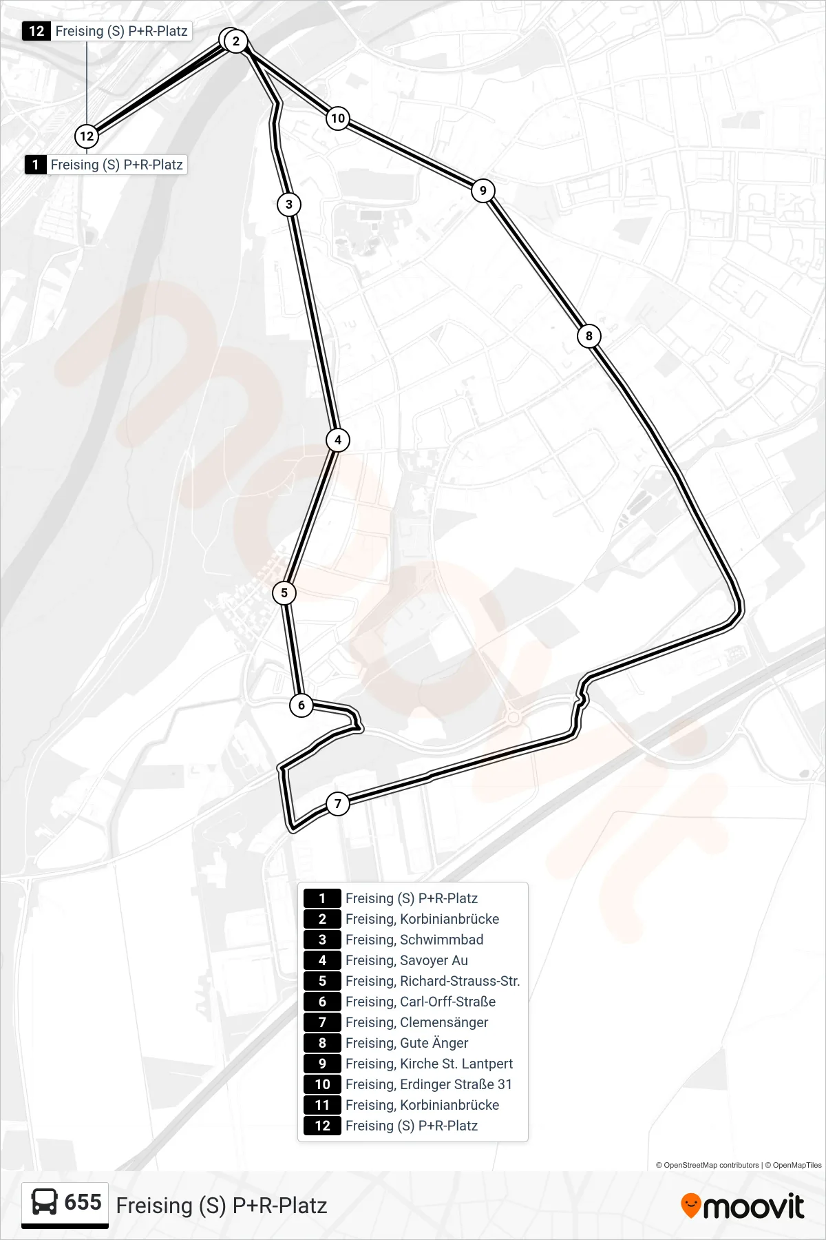 Linie 655 (Bus) Richtung Freising (S) P+R-Platz: Route und Haltestellen auf der Karte
