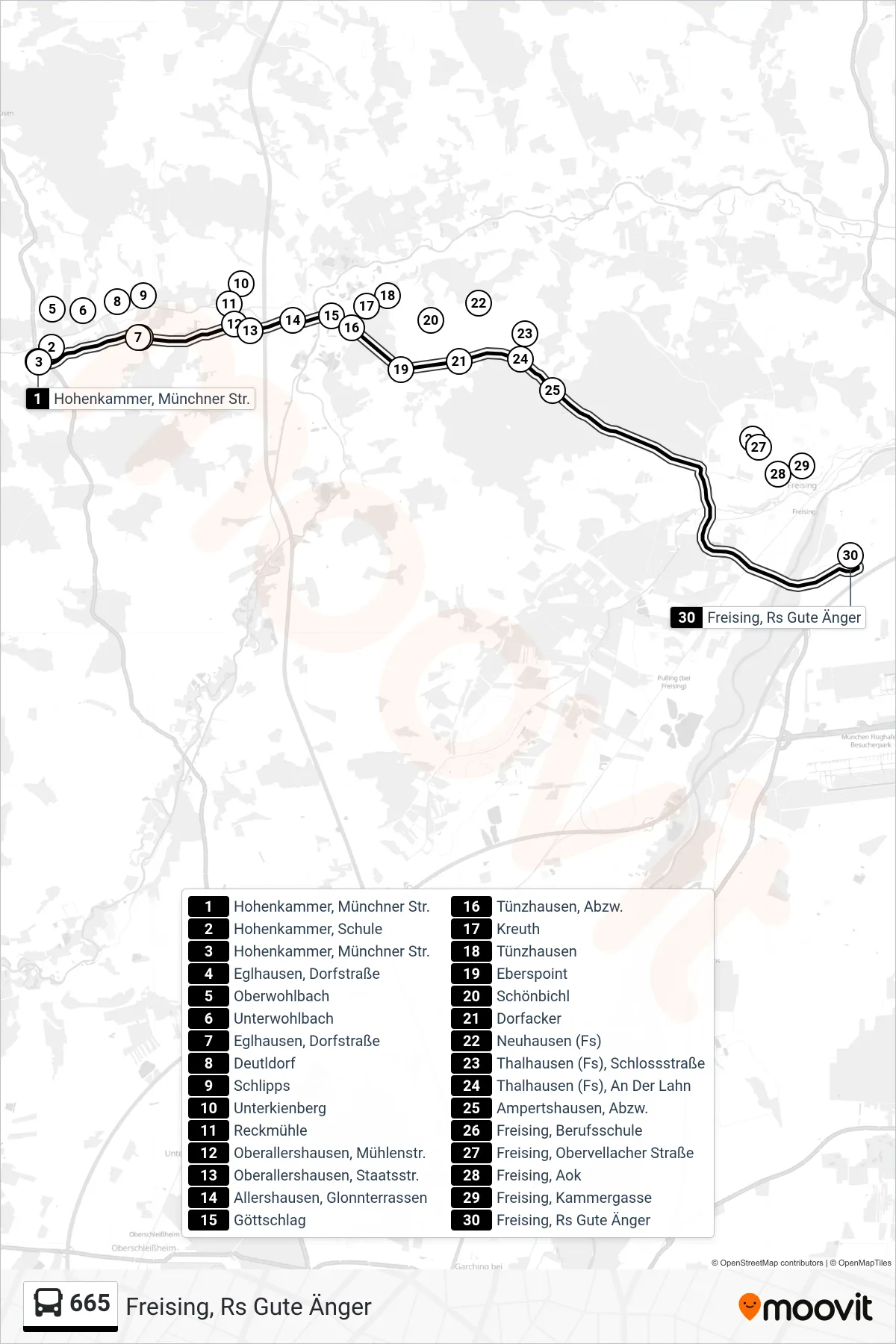 Linie 665 (Bus) Richtung Freising, Rs Gute Änger: Route und Haltestellen auf der Karte