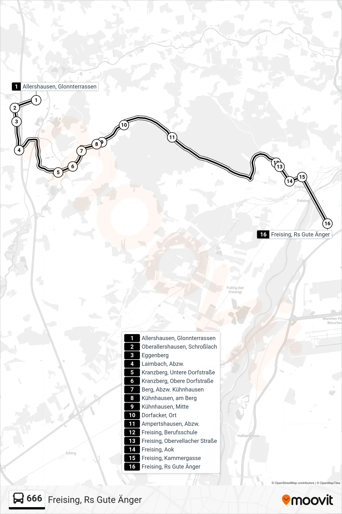 666 bus Line (Freising, Rs Gute Änger) route and stops on a map