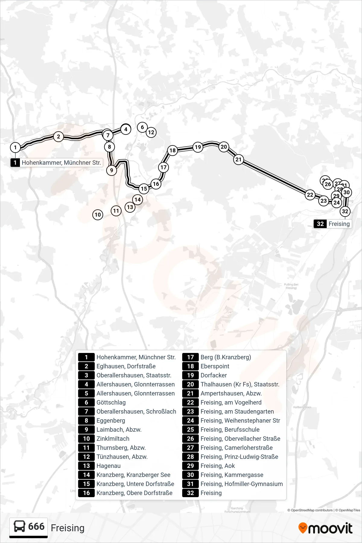 666 bus Line (Freising) route and stops on a map