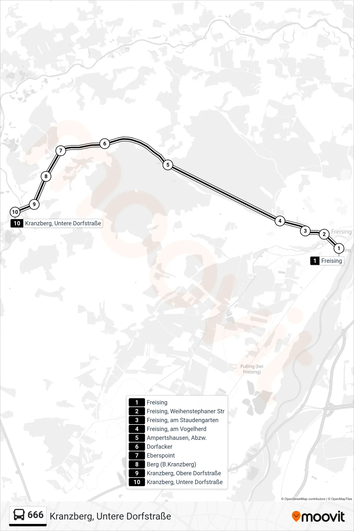 Linie 666 (Bus) Richtung Kranzberg, Untere Dorfstraße: Route und Haltestellen auf der Karte