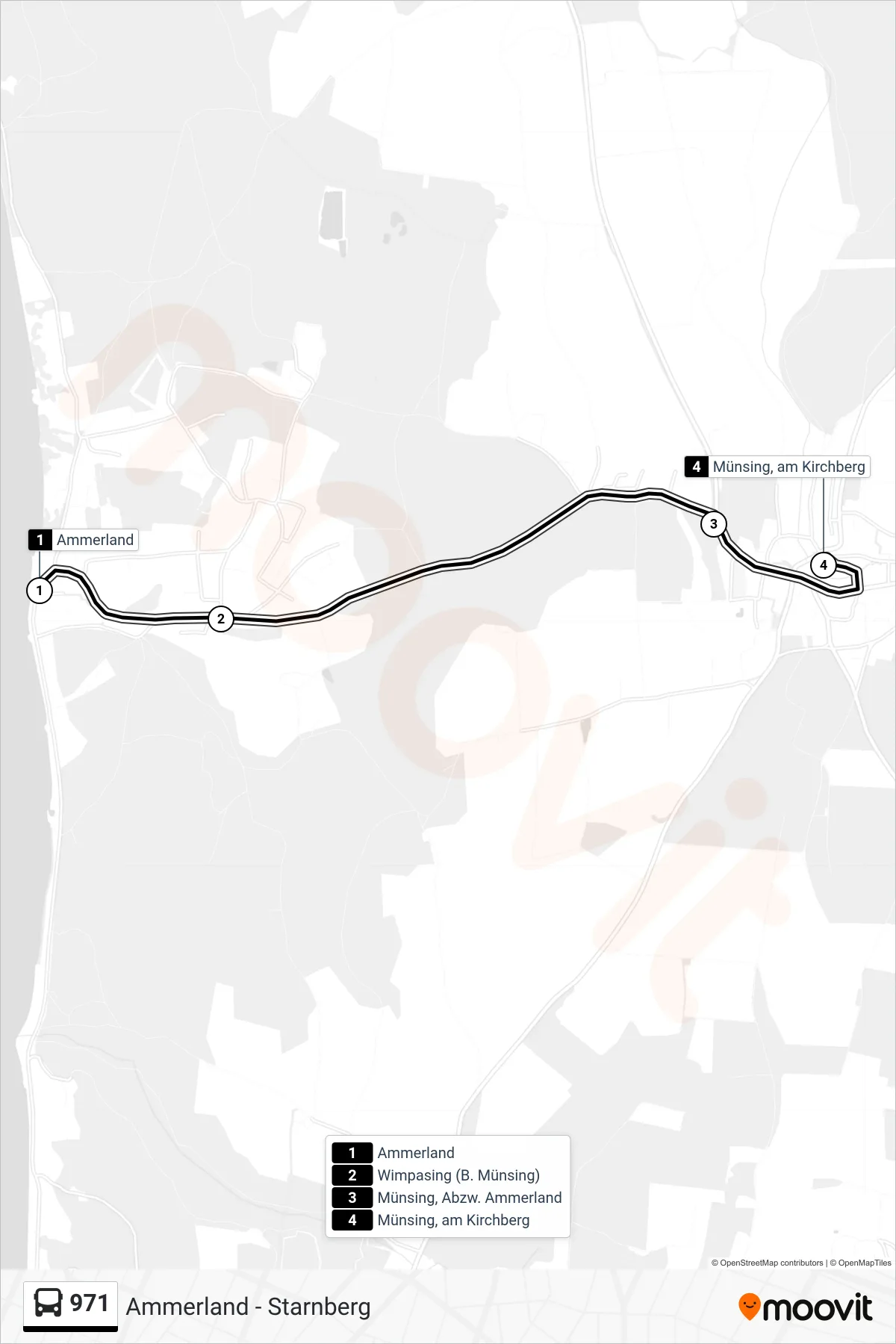 971 bus Line (Münsing, am Kirchberg) route and stops on a map