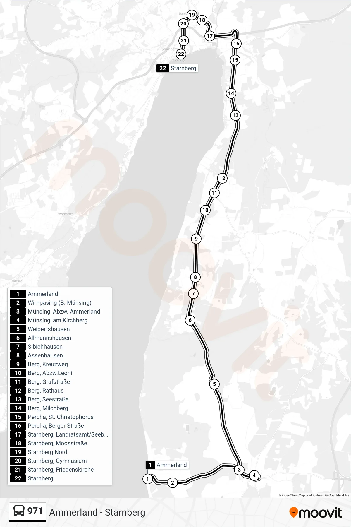 971 bus Line (Starnberg) route and stops on a map