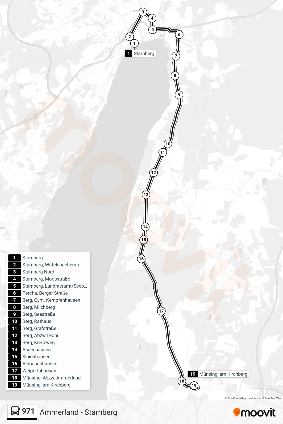 971 bus Line (Münsing, am Kirchberg) route and stops on a map