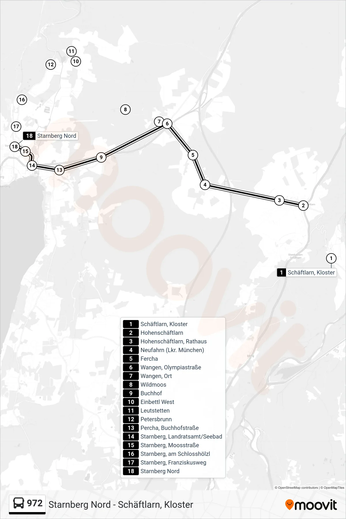 972 bus Line (Starnberg Nord) route and stops on a map