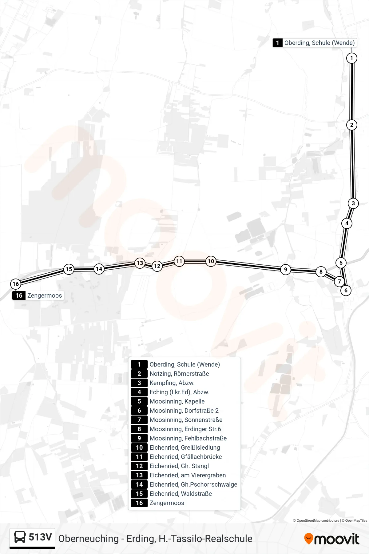513V bus Line (Zengermoos) route and stops on a map