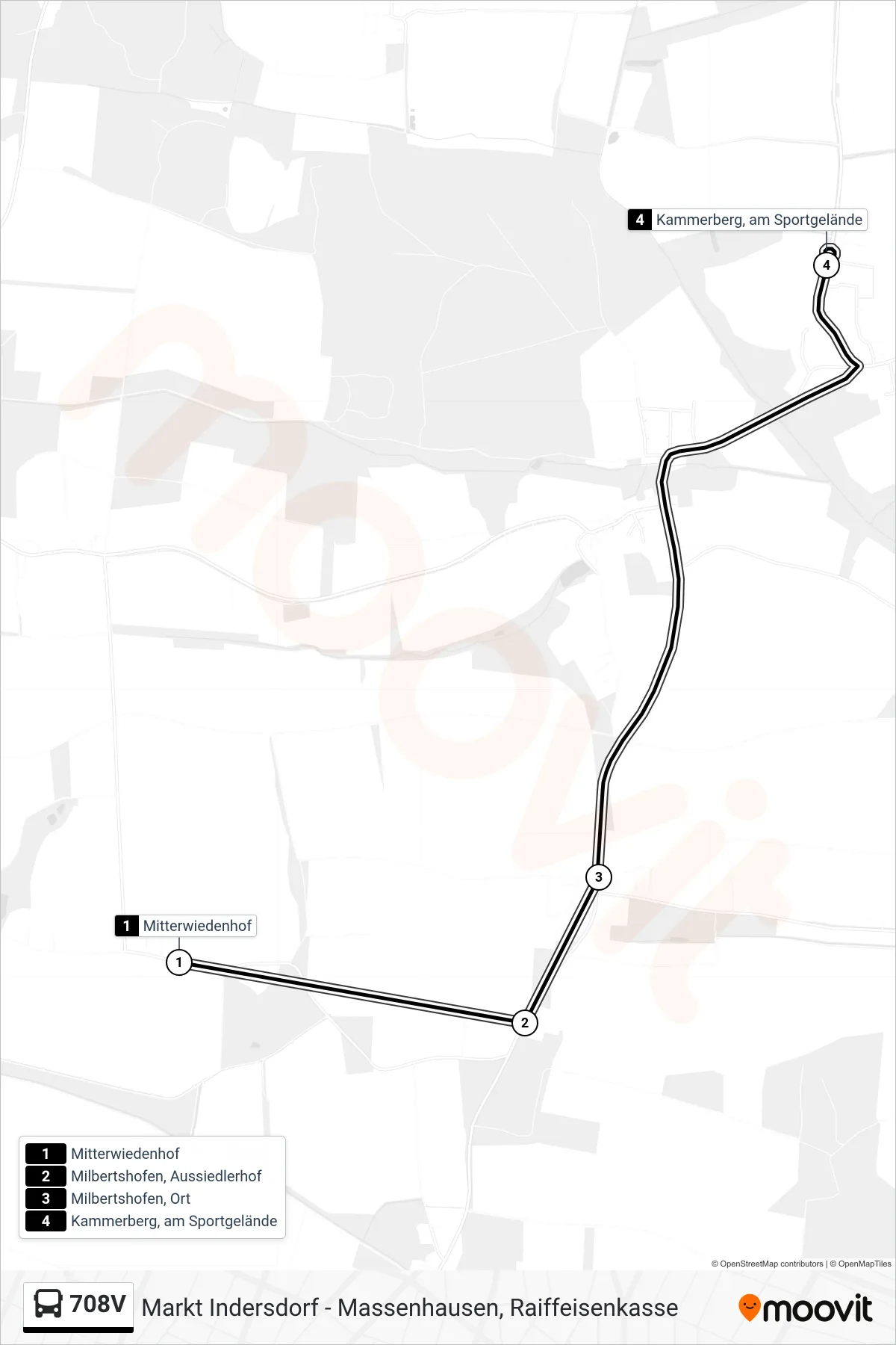 Linie 708V (Bus) Richtung Kammerberg, am Sportgelände: Route und Haltestellen auf der Karte