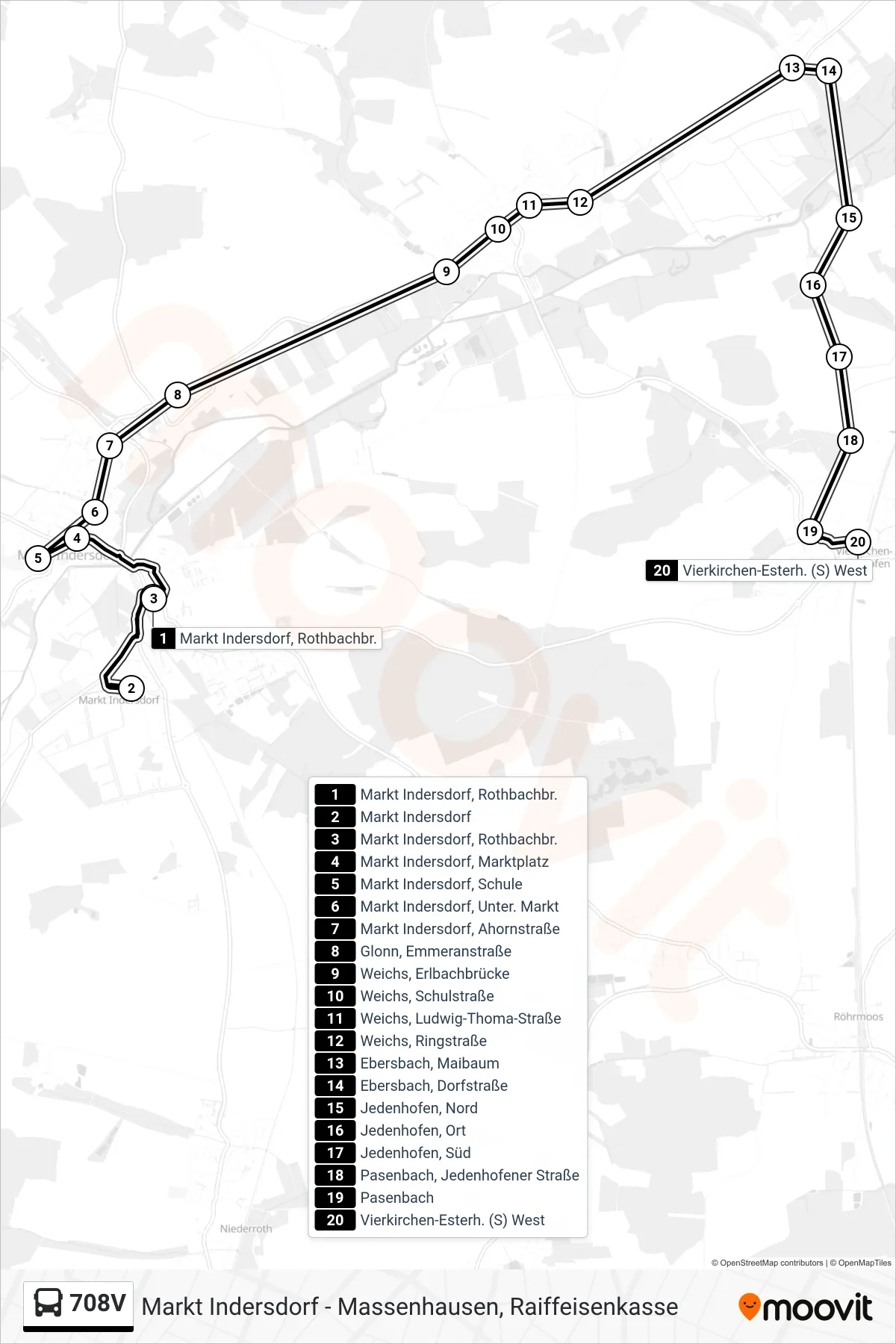 708V bus Line (Vierkirchen-Esterh. (S) West) route and stops on a map