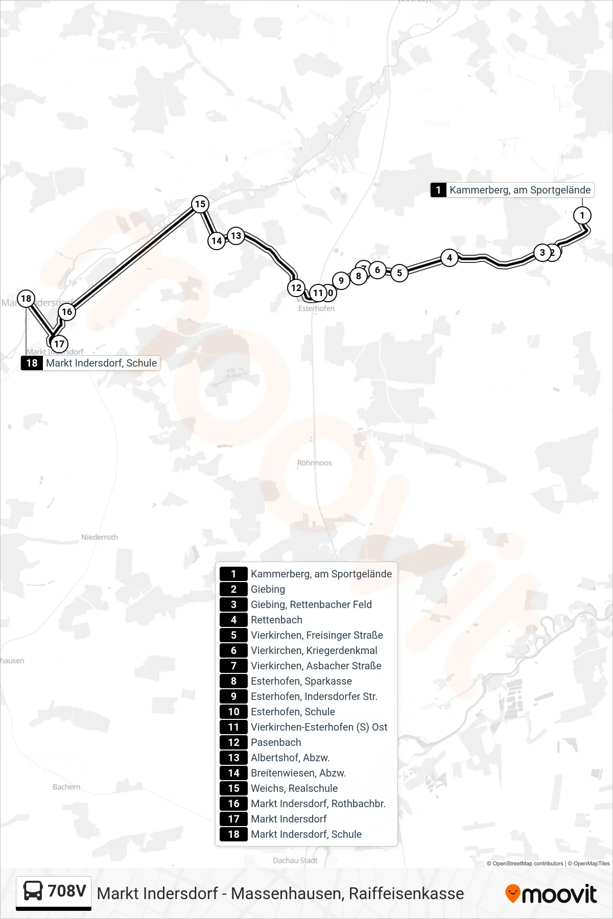 708V bus Line (Markt Indersdorf, Schule) route and stops on a map