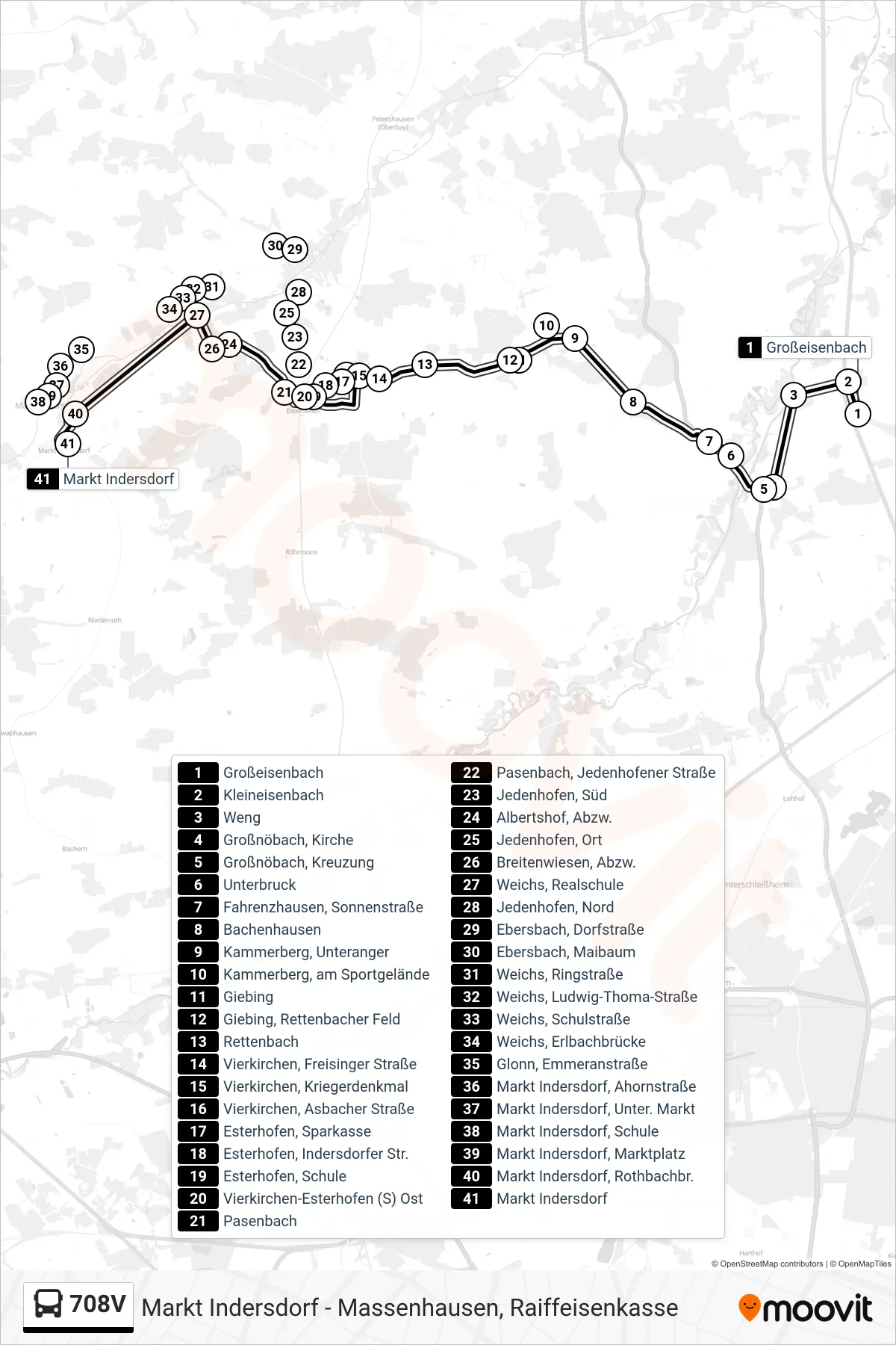 708V bus Line (Markt Indersdorf) route and stops on a map