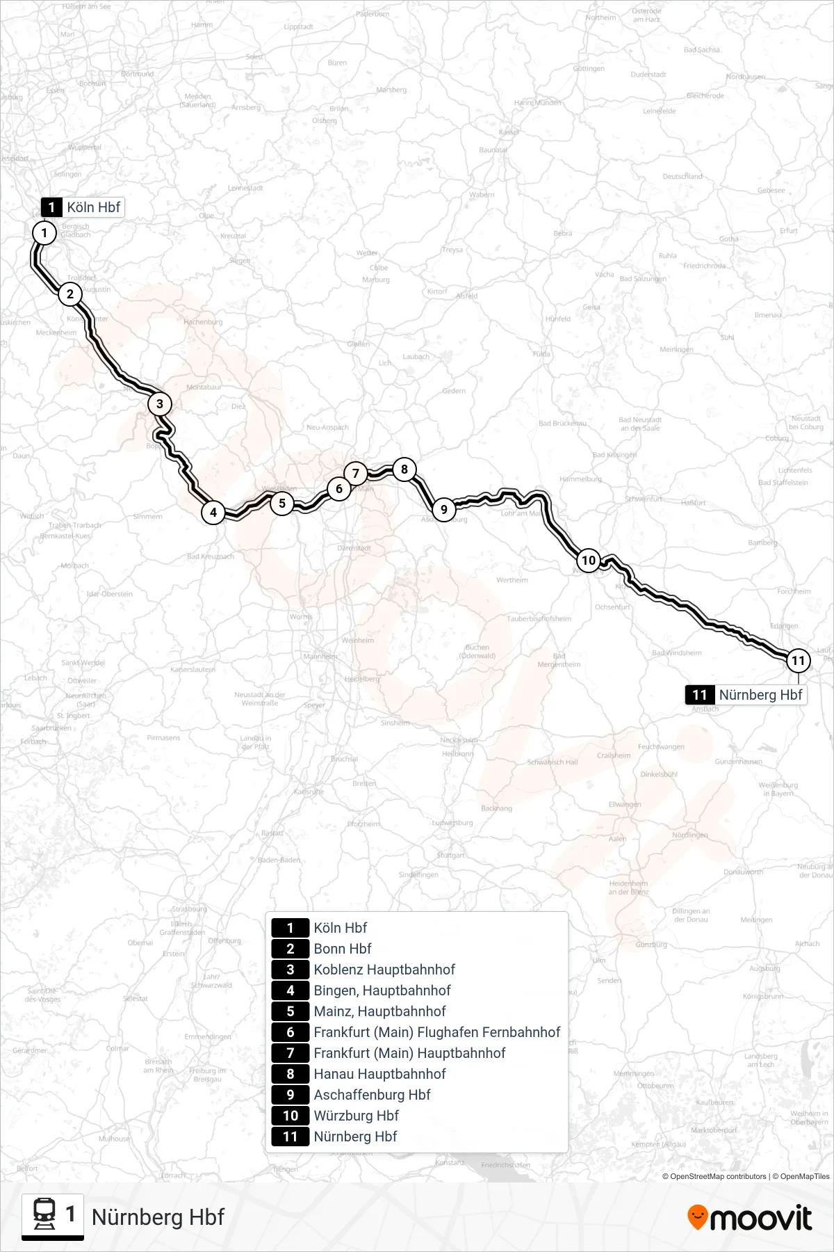1 train Line (Nürnberg Hbf) route and stops on a map