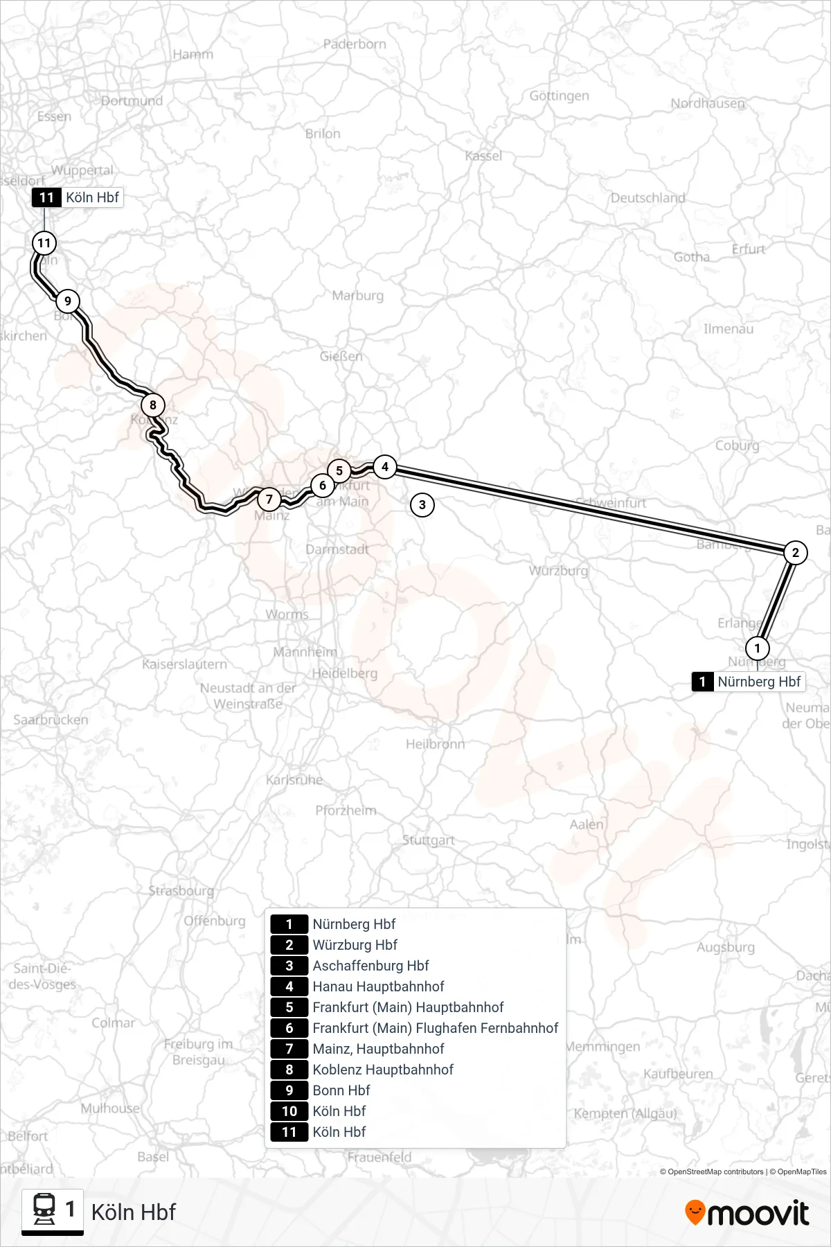 Linie 1 (Bahn) Richtung Köln Hbf: Route und Haltestellen auf der Karte