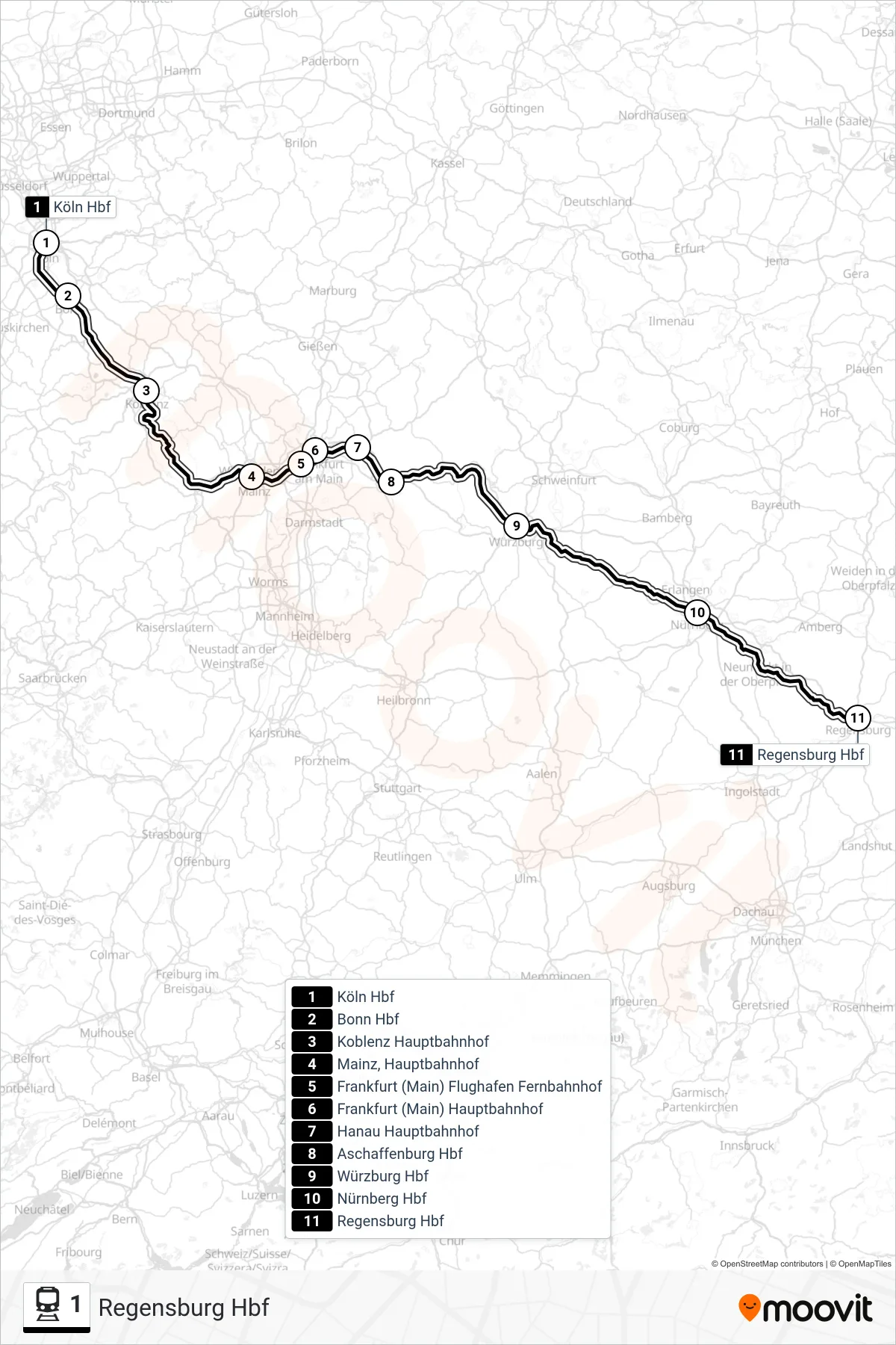 1 train Line (Regensburg Hbf) route and stops on a map