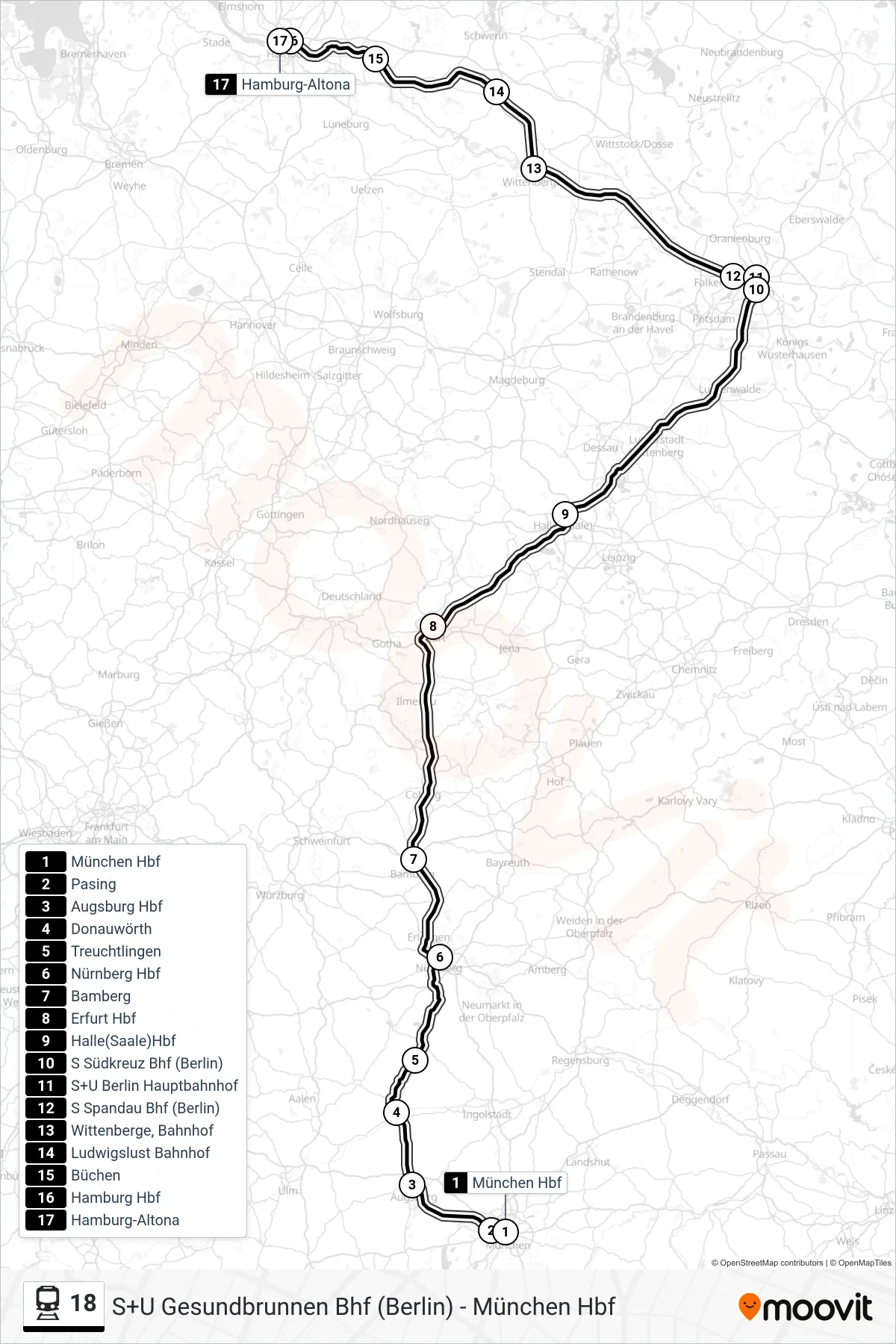 18 train Line (Hamburg-Altona) route and stops on a map