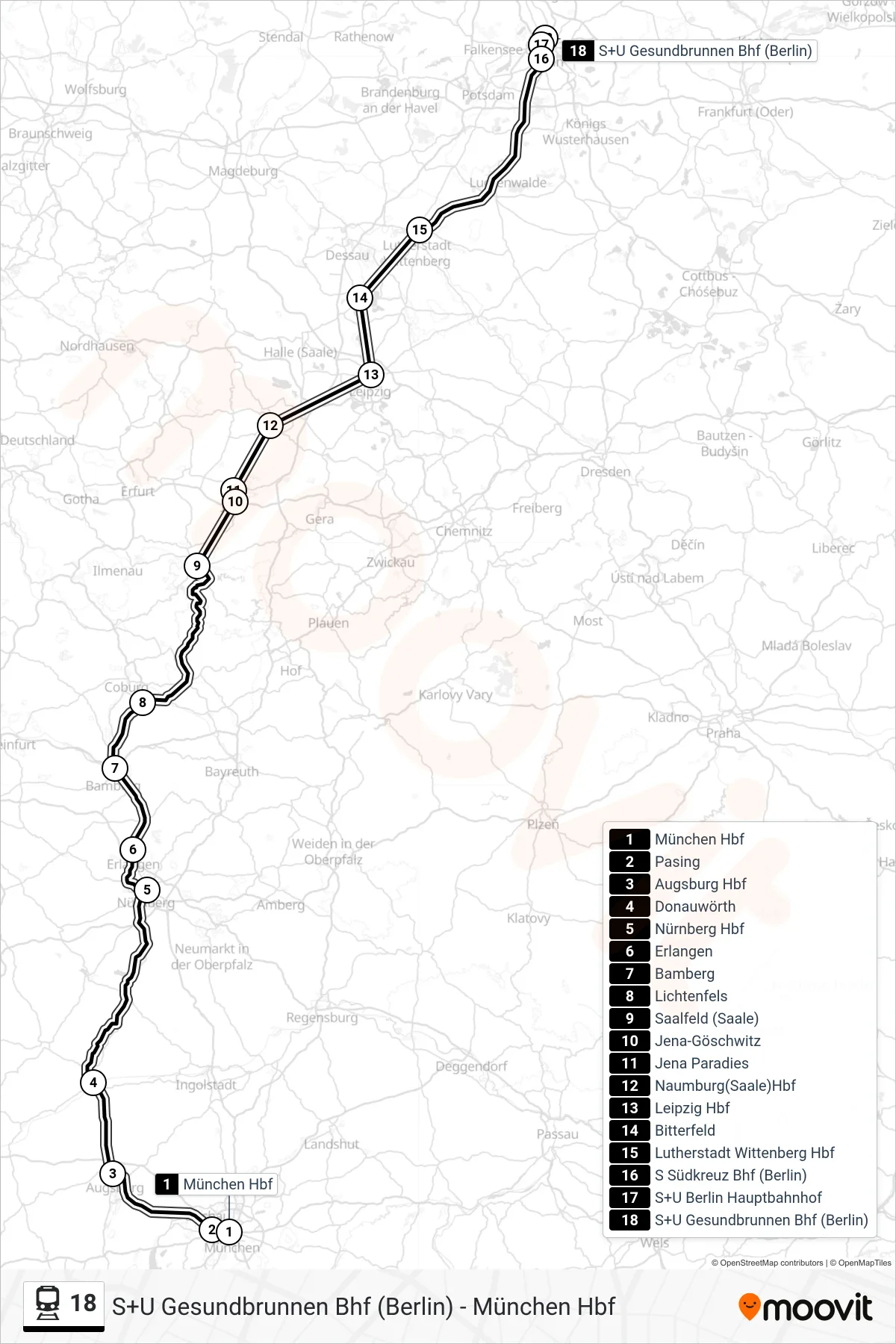 18 rail Line (S+U Gesundbrunnen Bhf (Berlin)) route and stops on a map