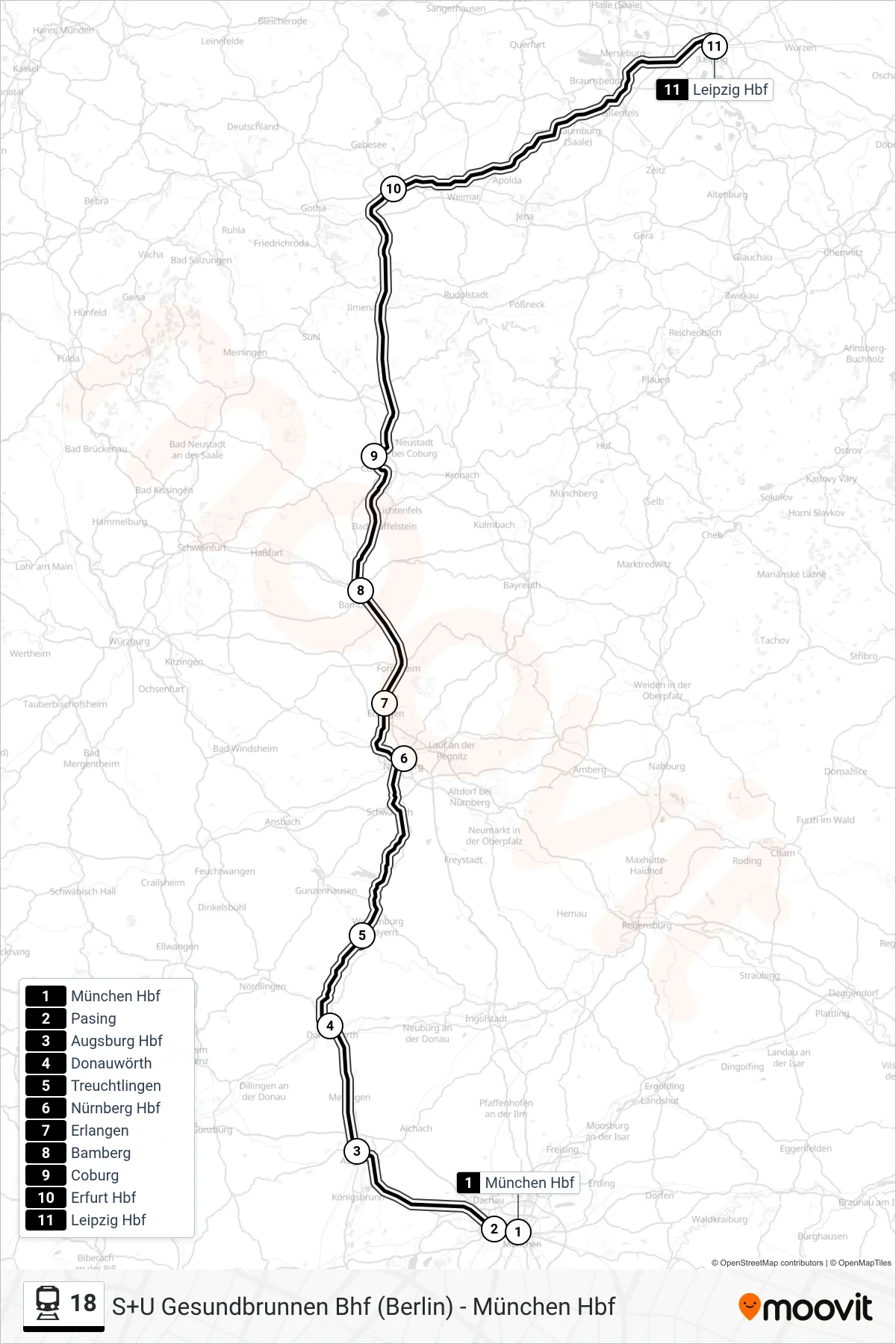 18 train Line (Leipzig Hbf) route and stops on a map