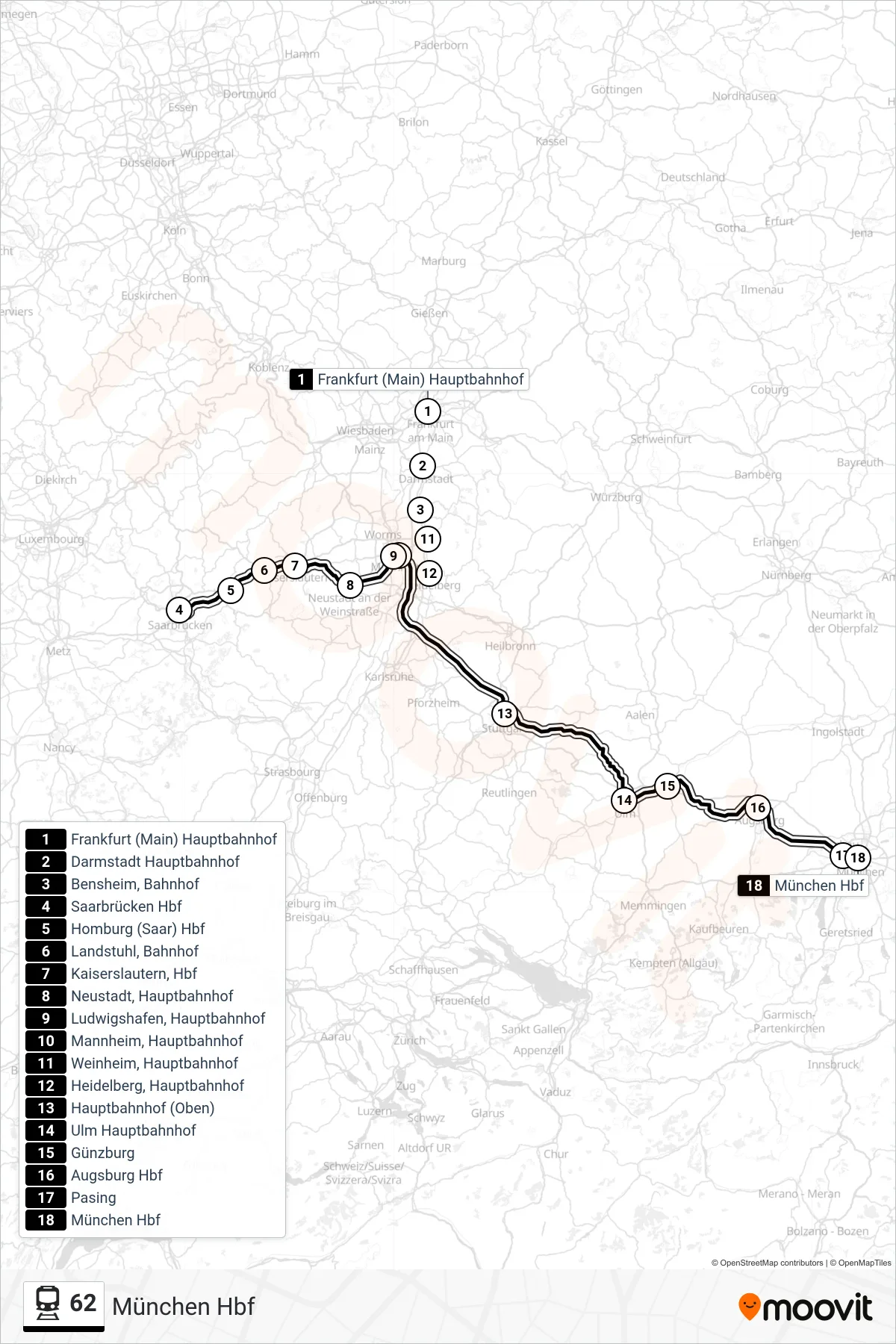 62 train Line (München Hbf) route and stops on a map