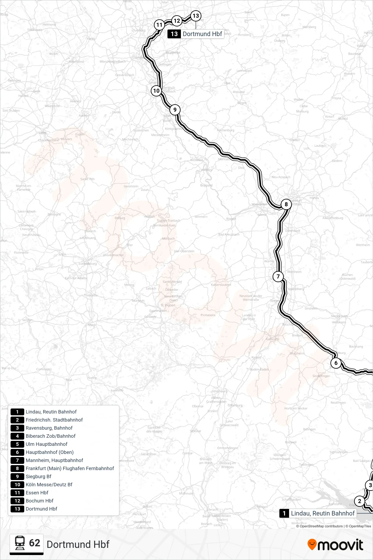 62 train Line (Dortmund Hbf) route and stops on a map