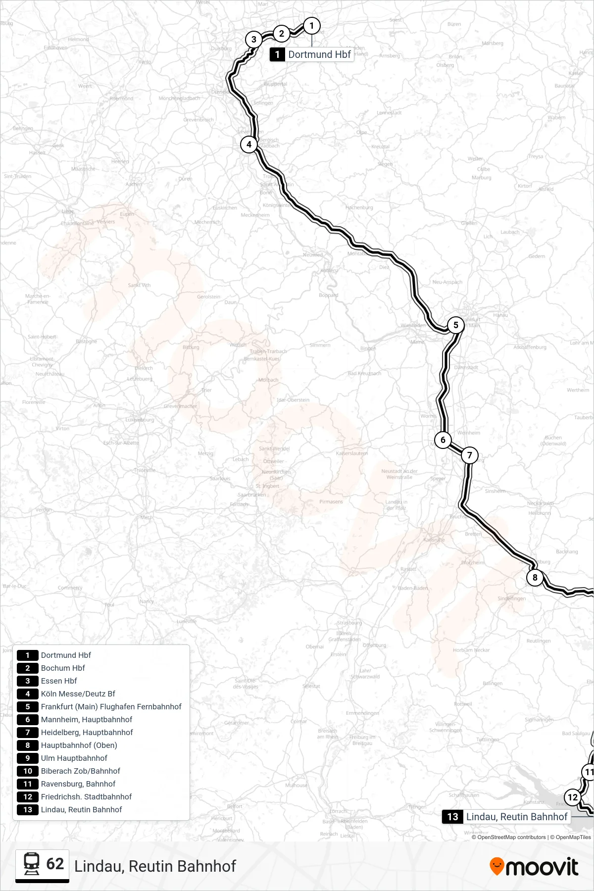 Linie 62 (Bahn) Richtung Lindau, Reutin Bahnhof: Route und Haltestellen auf der Karte