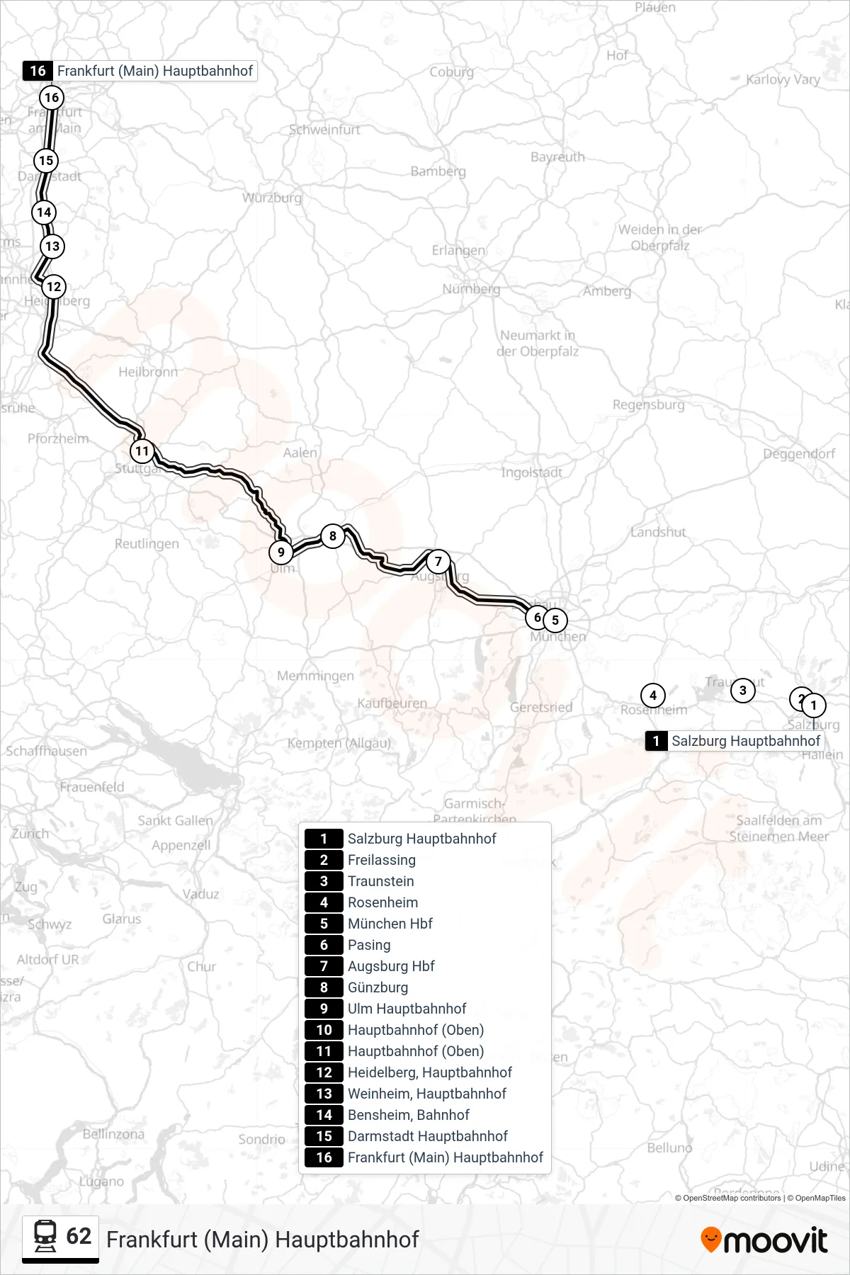 Linie 62 (Bahn) Richtung Frankfurt (Main) Hauptbahnhof: Route und Haltestellen auf der Karte