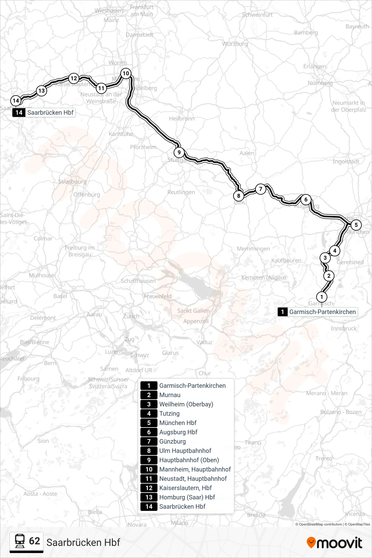 Linie 62 (Bahn) Richtung Saarbrücken Hbf: Route und Haltestellen auf der Karte