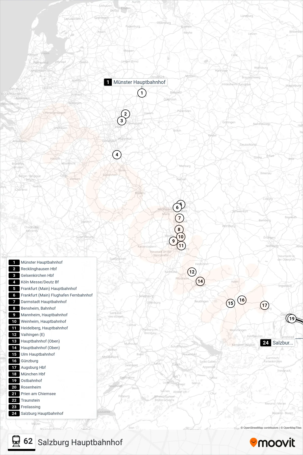 62 train Line (Salzburg Hauptbahnhof) route and stops on a map