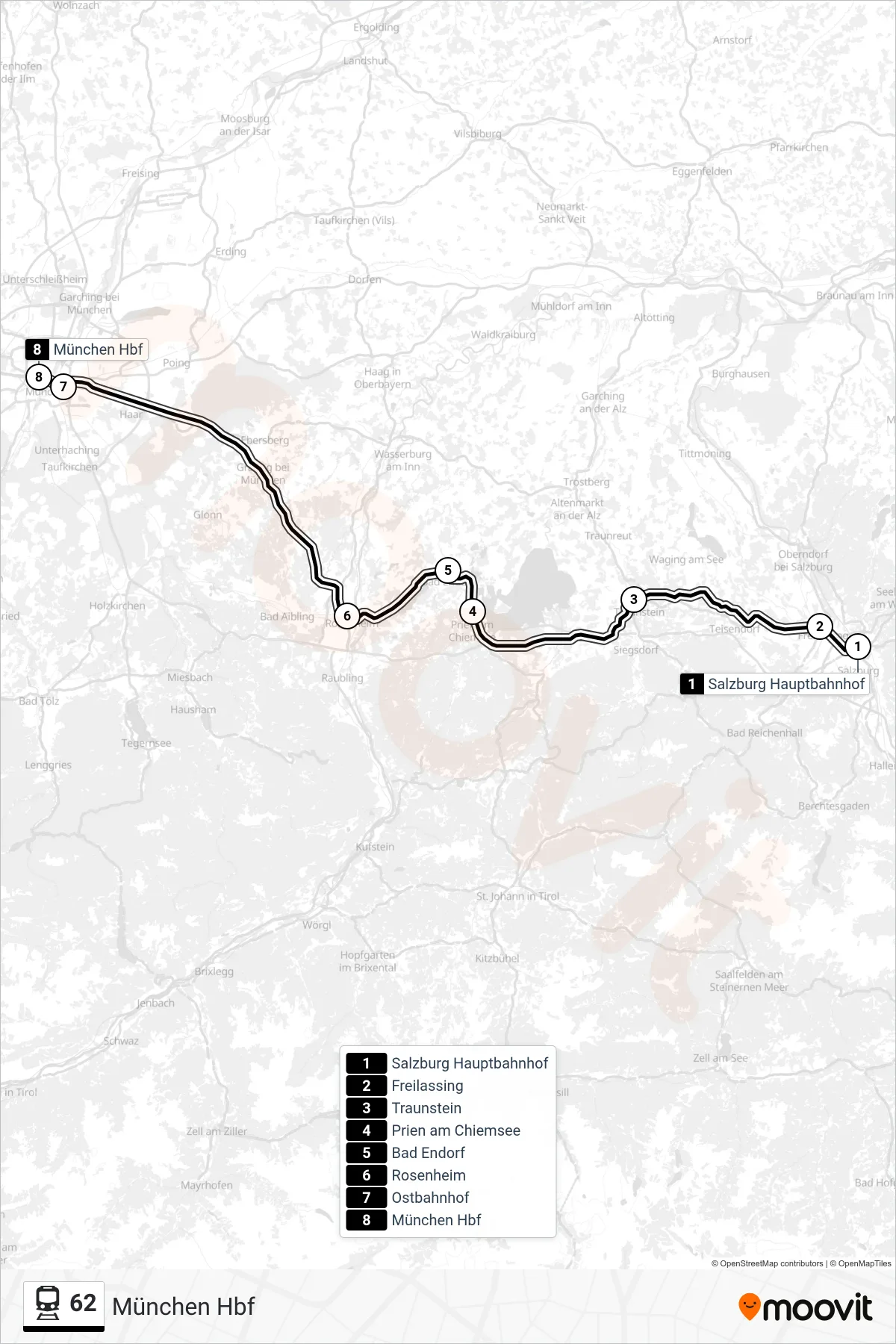 62 train Line (München Hbf) route and stops on a map