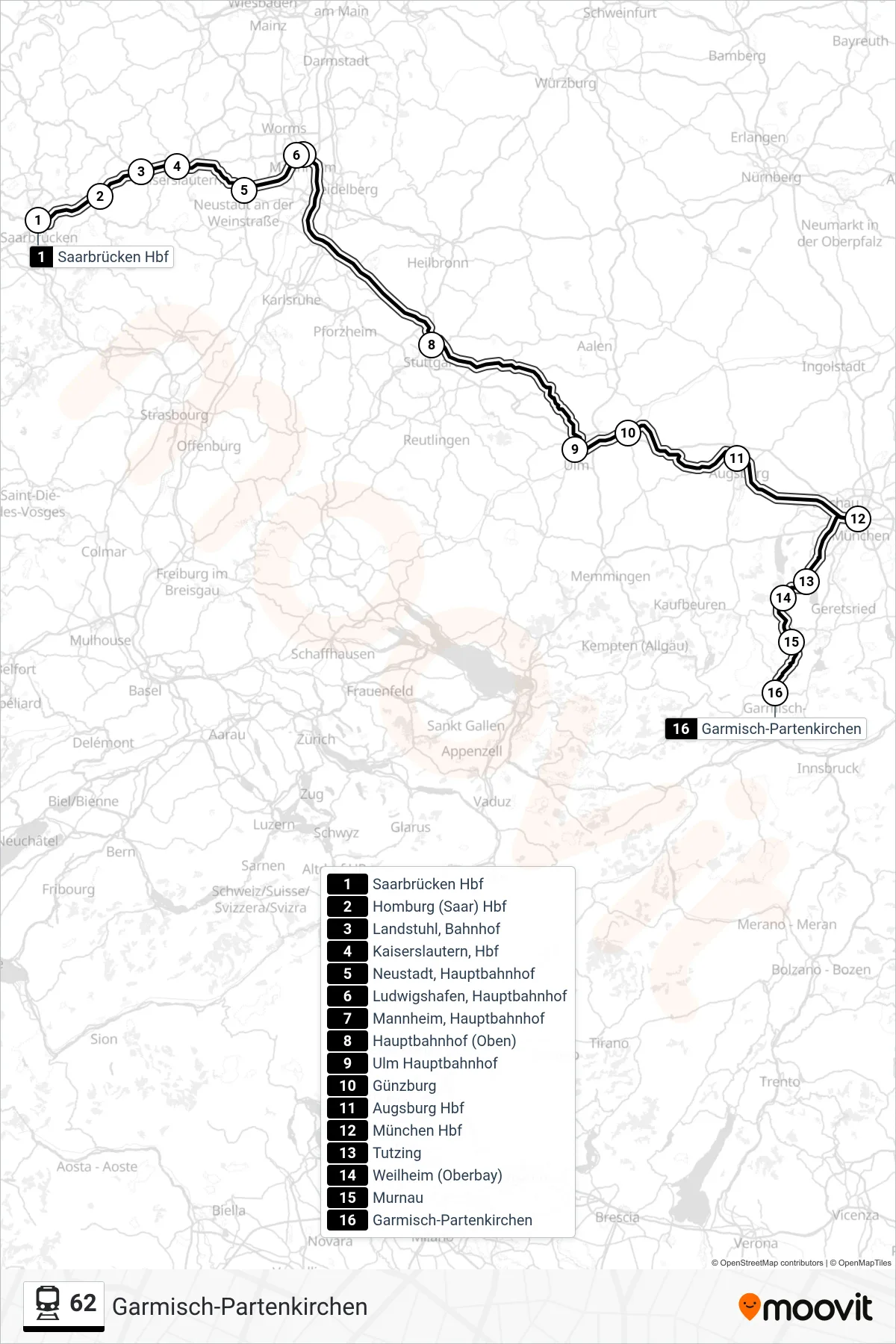 Linie 62 (Bahn) Richtung Garmisch-Partenkirchen: Route und Haltestellen auf der Karte