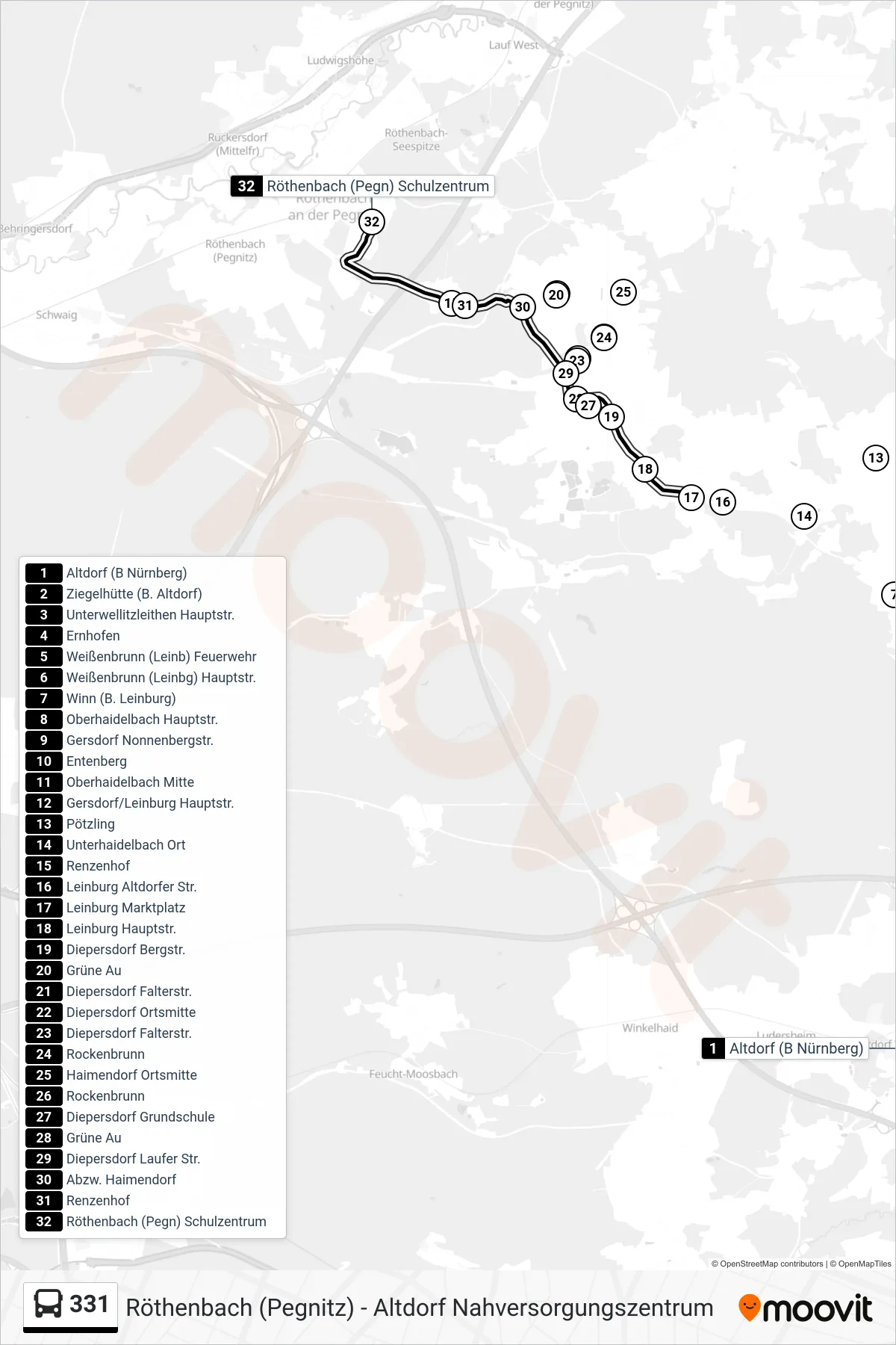 Linie 331 (Bus) Richtung Röthenbach (Pegn) Schulzentrum 331: Route und Haltestellen auf der Karte
