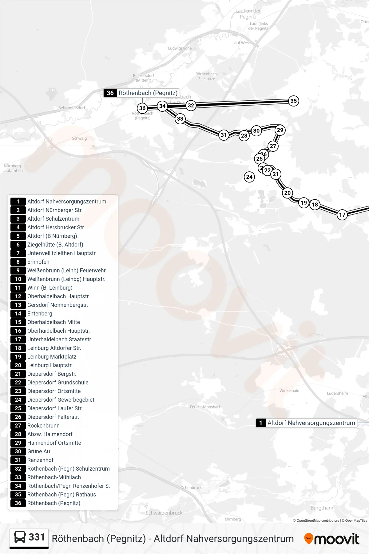 Linie 331 (Bus) Richtung Röthenbach (Pegn) Bf 331: Route und Haltestellen auf der Karte