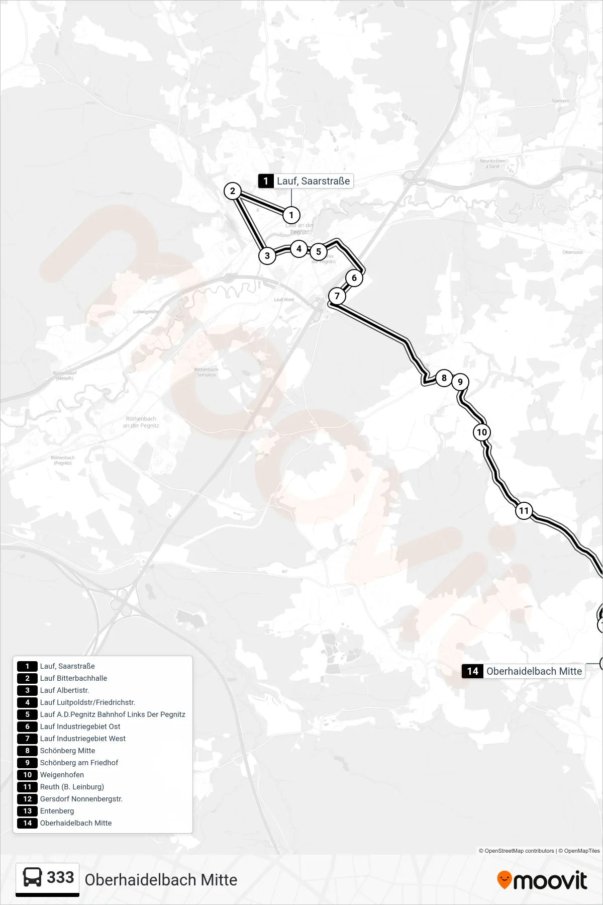333 bus Line (Oberhaidelbach Mitte) route and stops on a map