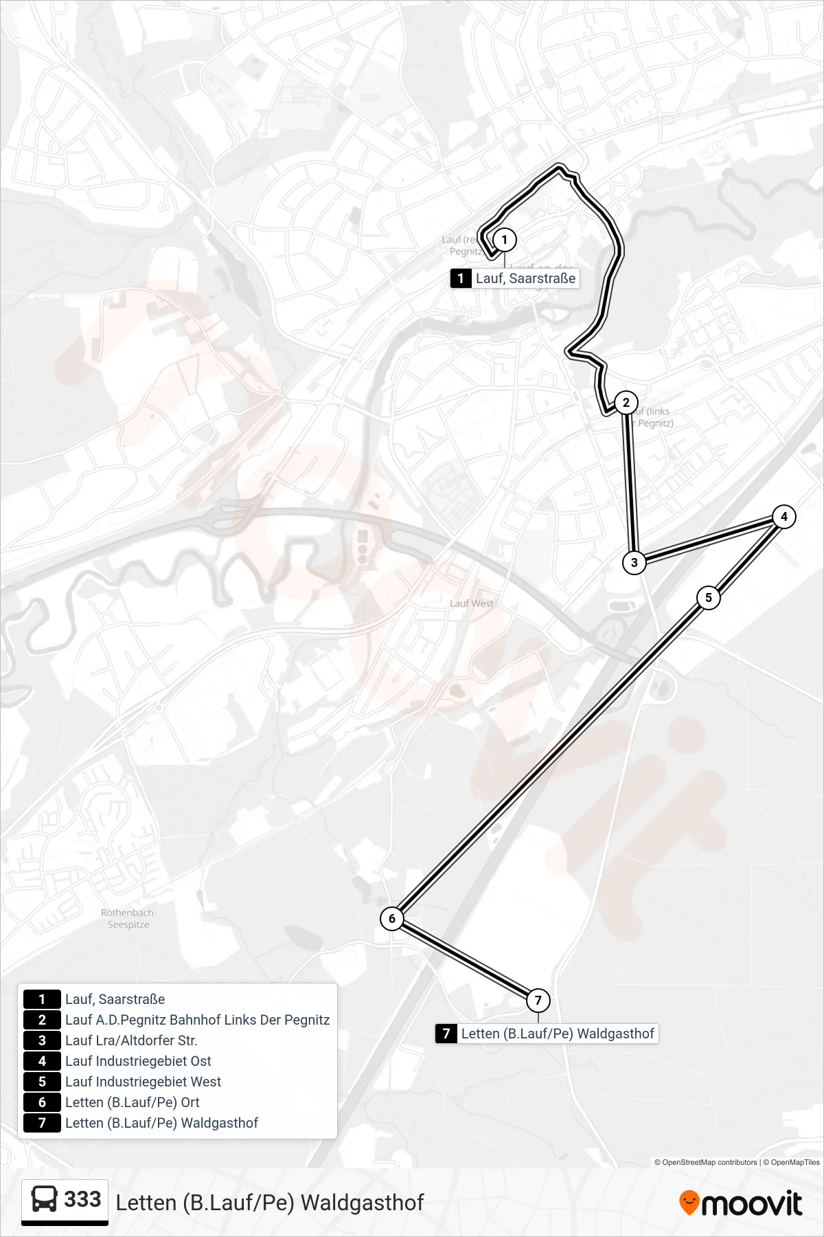 333 bus Line (Letten (B.Lauf/Pe) Waldgasthof) route and stops on a map
