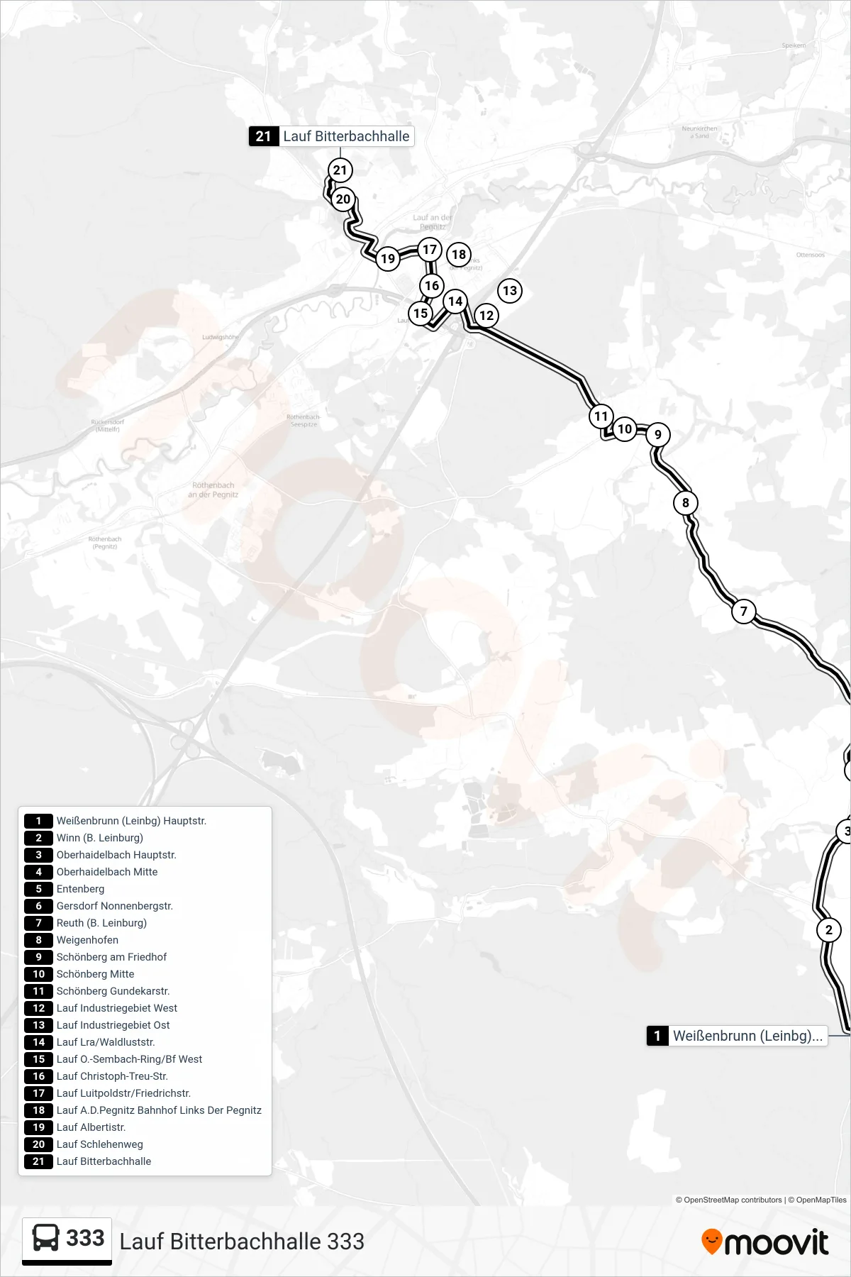 Linie 333 (Bus) Richtung Lauf Bitterbachhalle 333: Route und Haltestellen auf der Karte