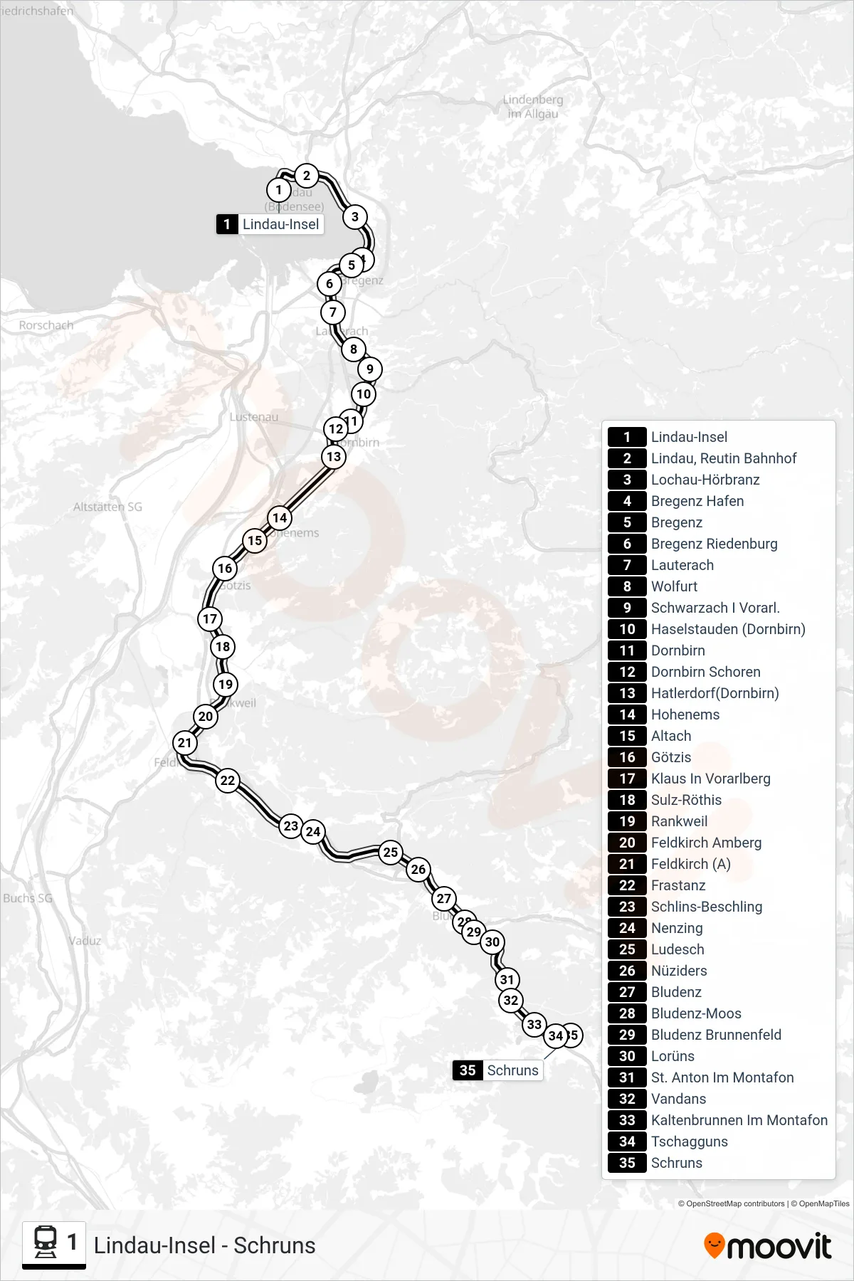 Linie 1 (Bahn) Richtung Schruns: Route und Haltestellen auf der Karte