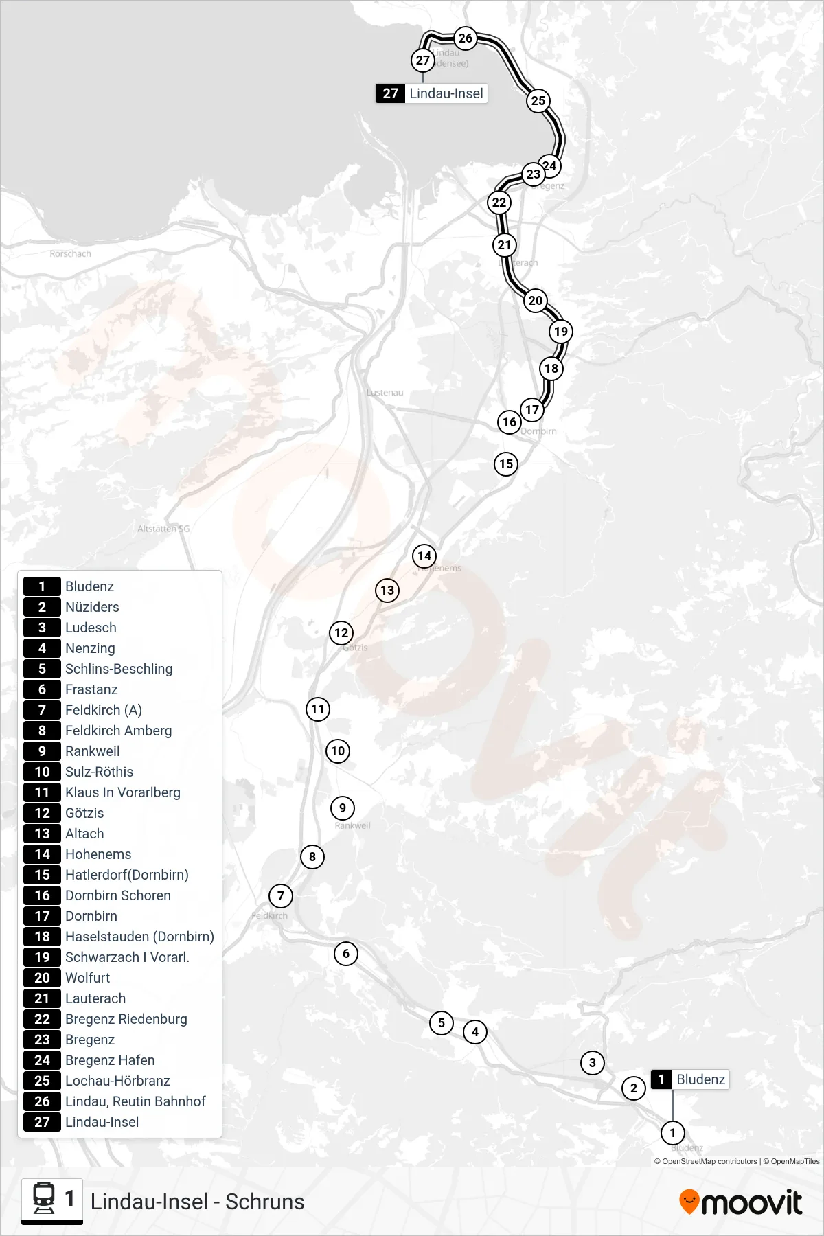 1 train Line (Lindau-Insel) route and stops on a map