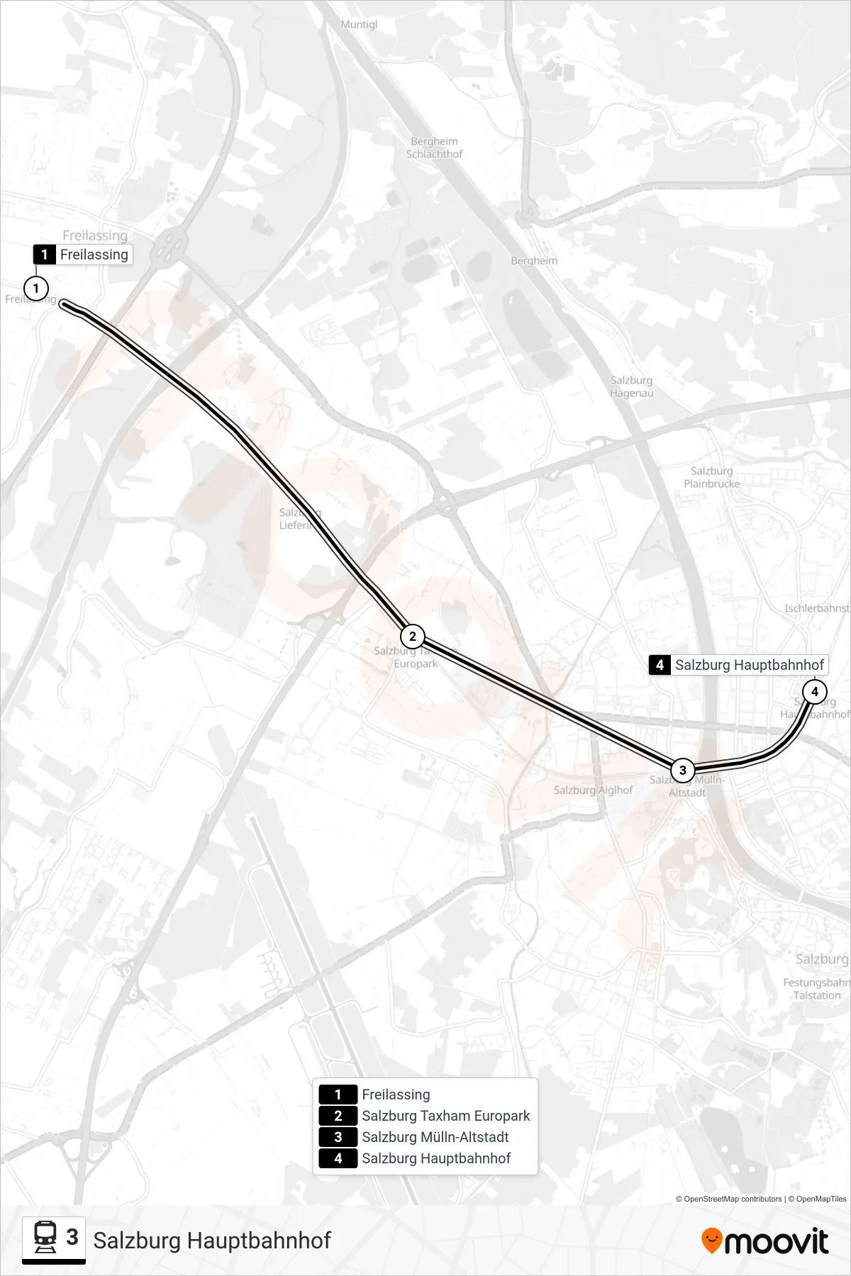 Linie 3 (Bahn) Richtung Salzburg Hauptbahnhof: Route und Haltestellen auf der Karte