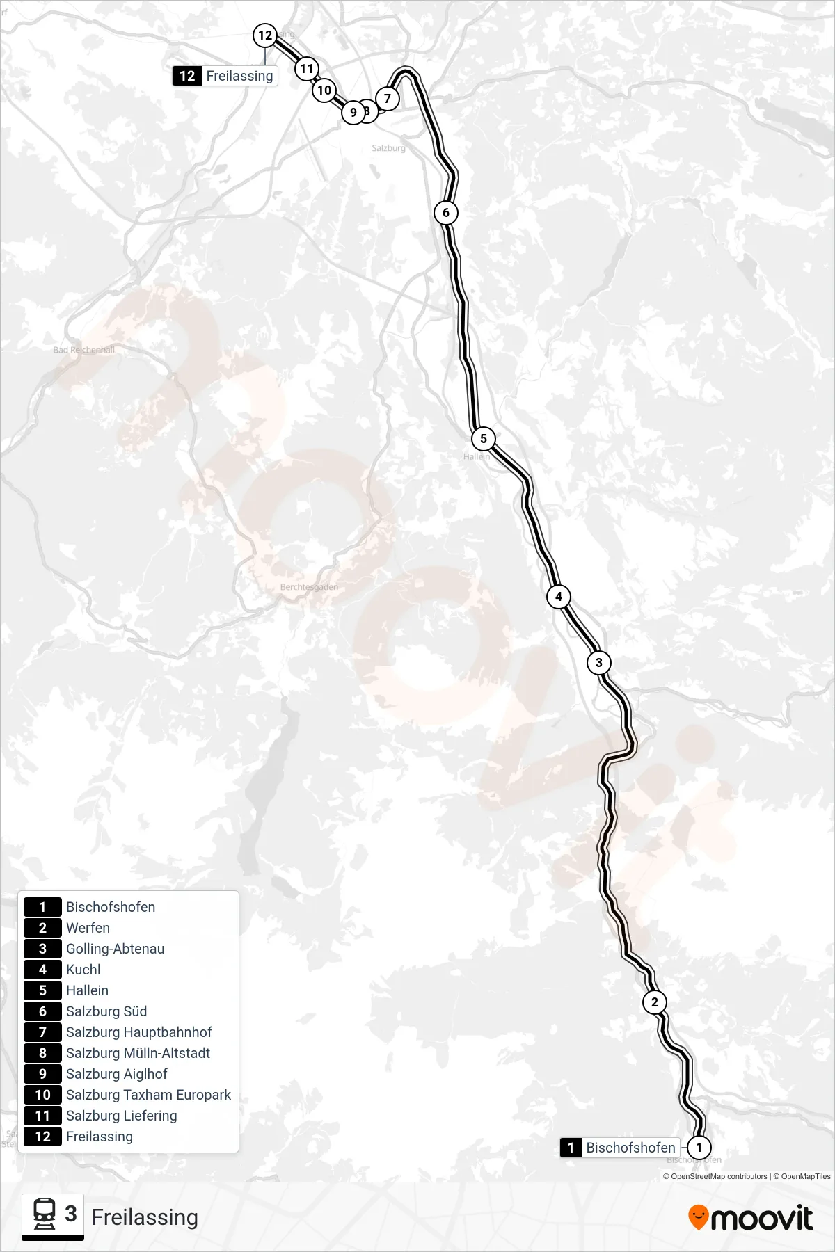 Linie 3 (Bahn) Richtung Freilassing: Route und Haltestellen auf der Karte