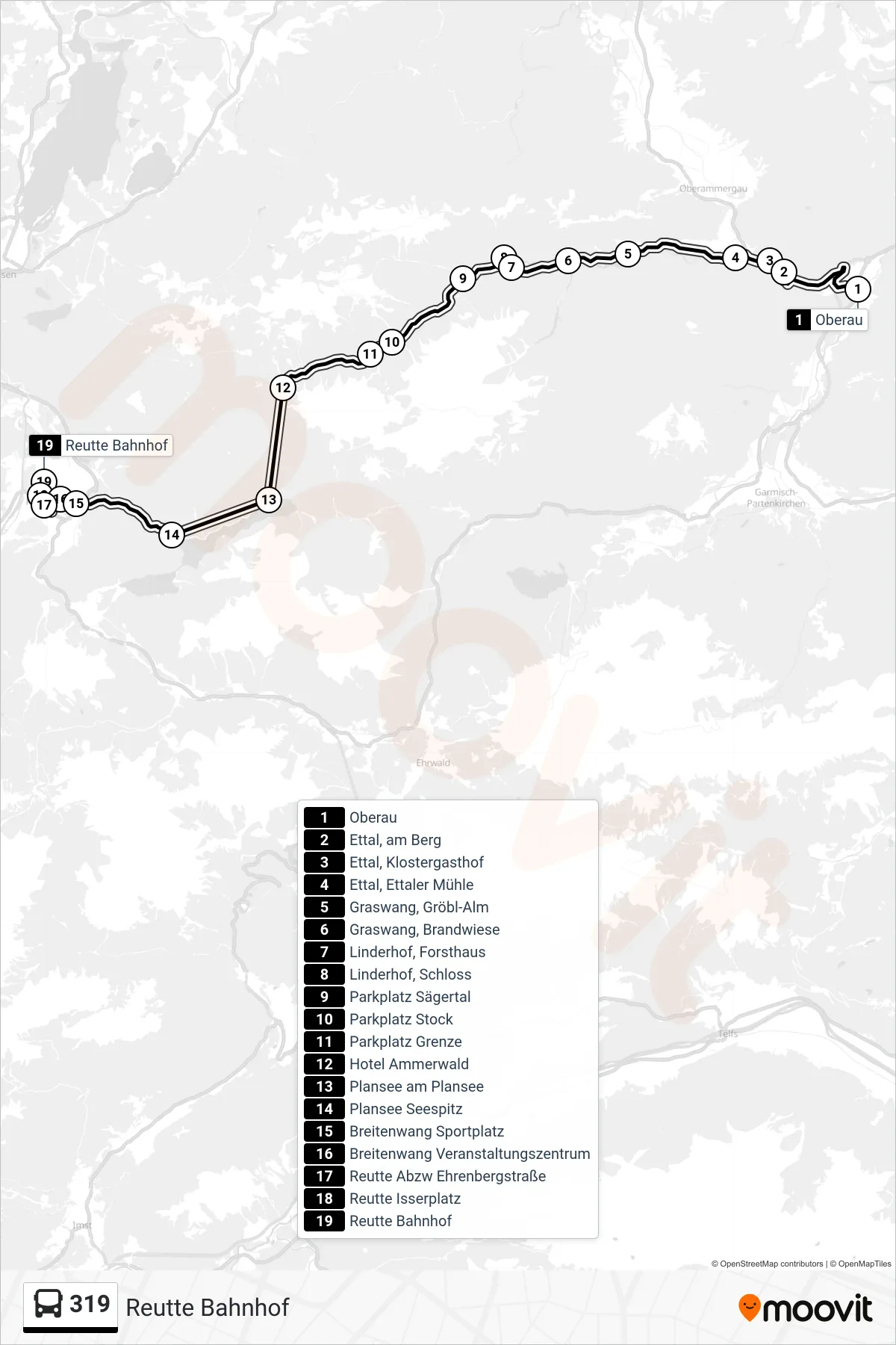 Linie 319 (Bus) Richtung Reutte Bahnhof: Route und Haltestellen auf der Karte