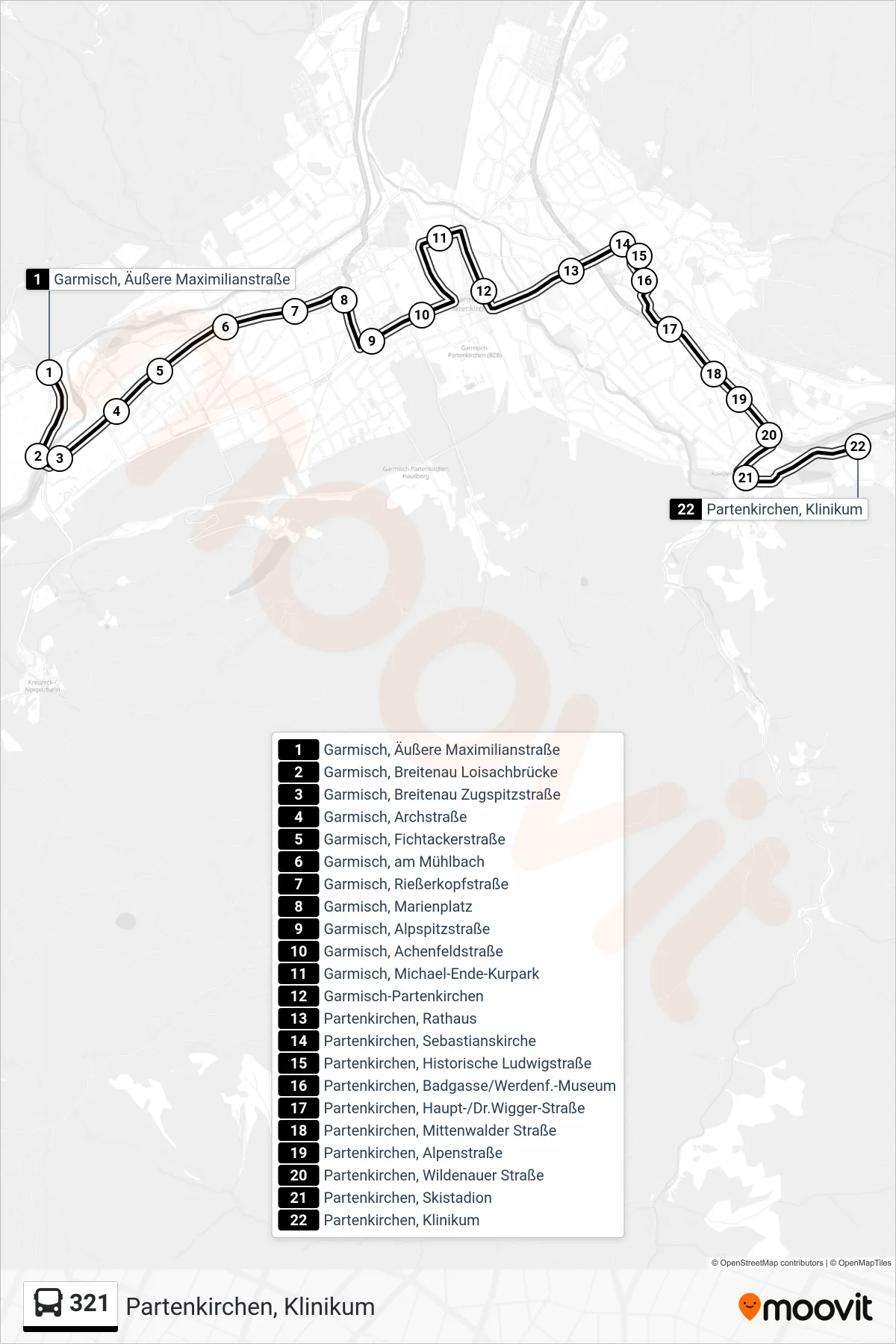 321 bus Line (Partenkirchen, Klinikum) route and stops on a map
