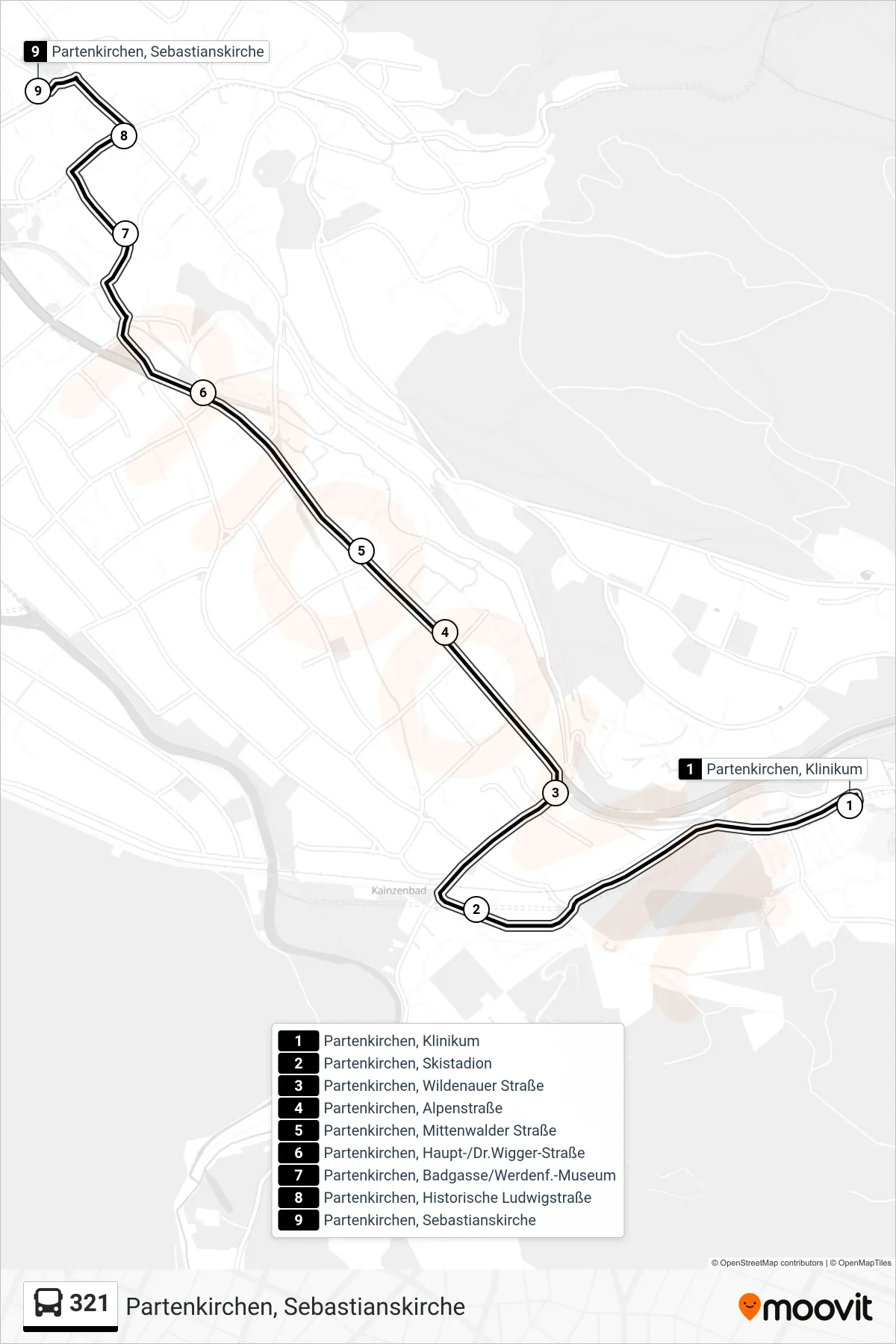 Linie 321 (Bus) Richtung Partenkirchen, Sebastianskirche: Route und Haltestellen auf der Karte