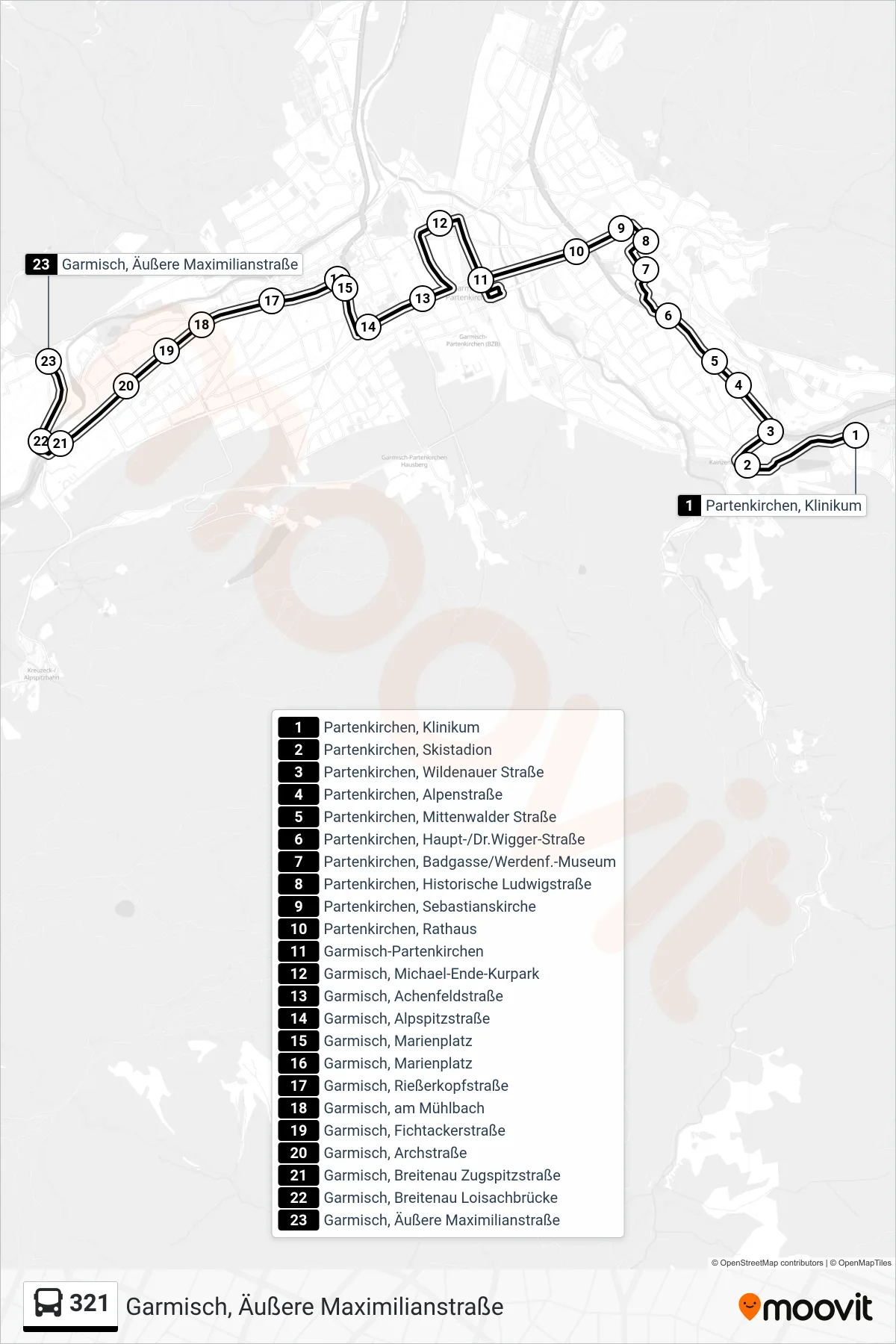 321 bus Line (Garmisch, Äußere Maximilianstraße) route and stops on a map