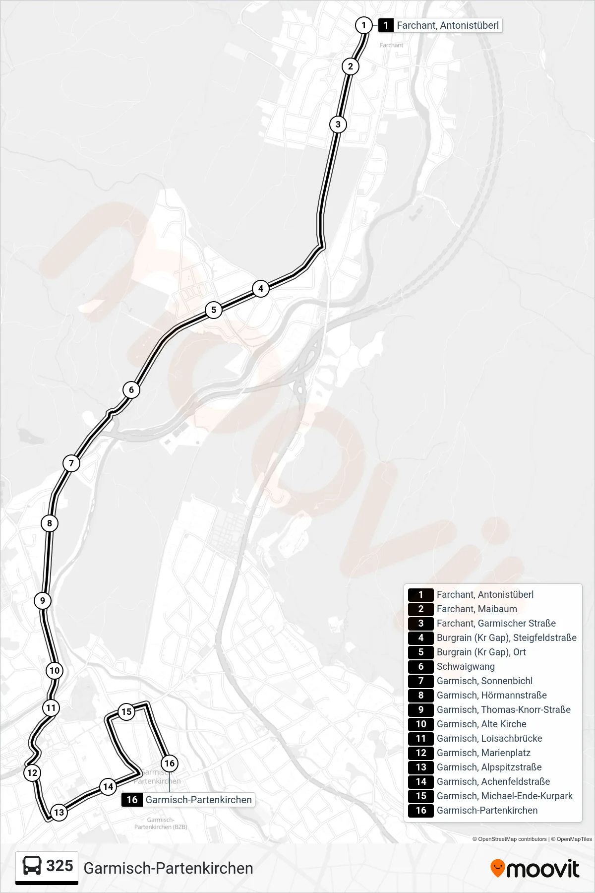 Linie 325 (Bus) Richtung Garmisch-Partenkirchen: Route und Haltestellen auf der Karte
