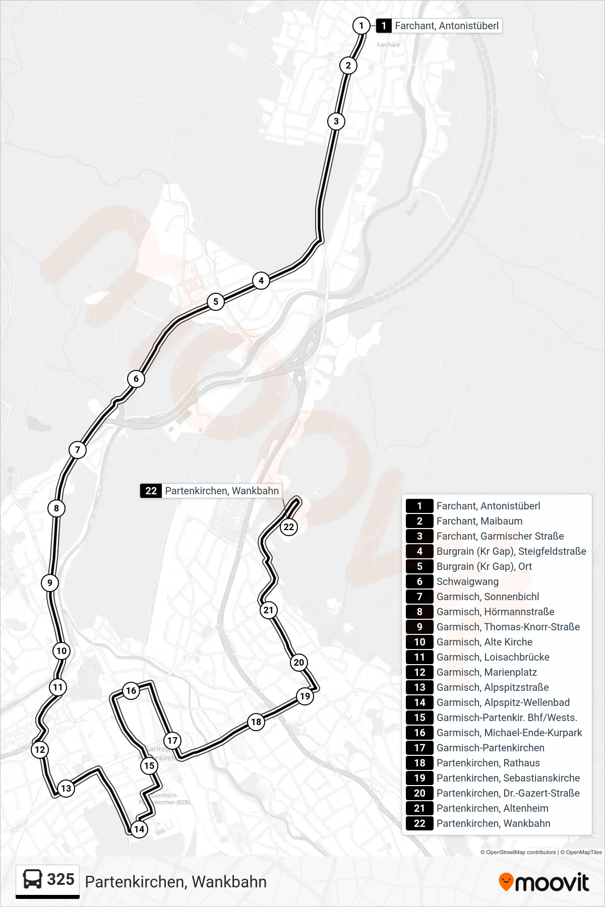 325 bus Line (Partenkirchen, Wankbahn) route and stops on a map