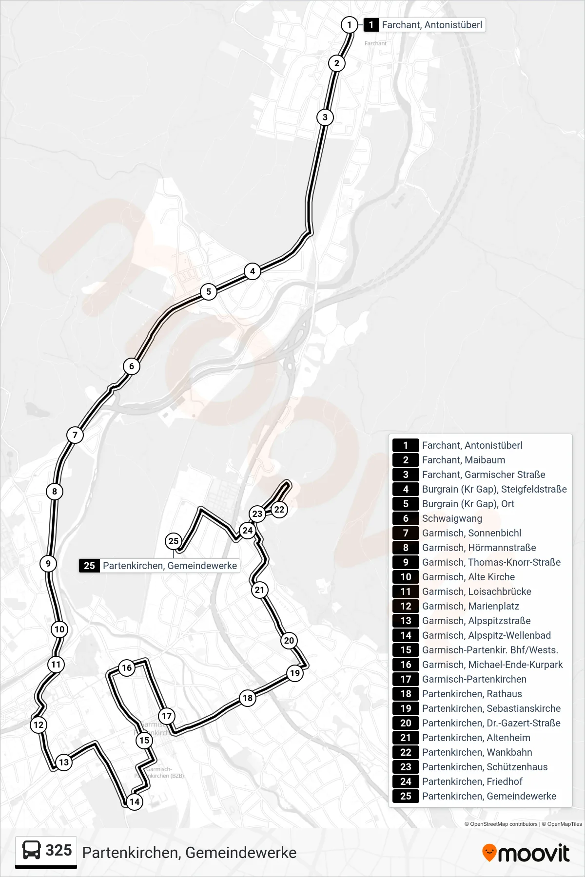 325 bus Line (Partenkirchen, Gemeindewerke) route and stops on a map