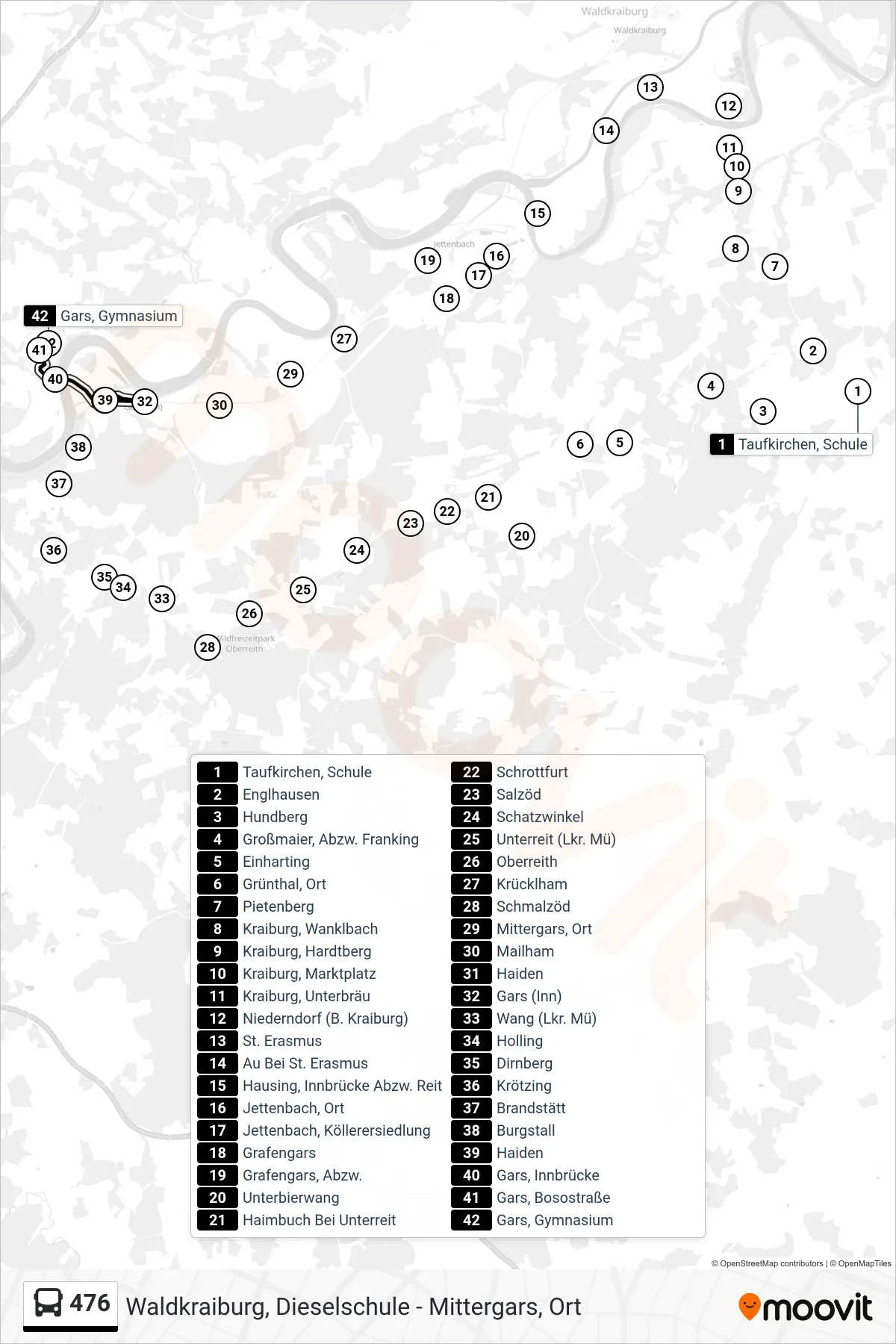Linie 476 (Bus) Richtung Gars, Gymnasium: Route und Haltestellen auf der Karte