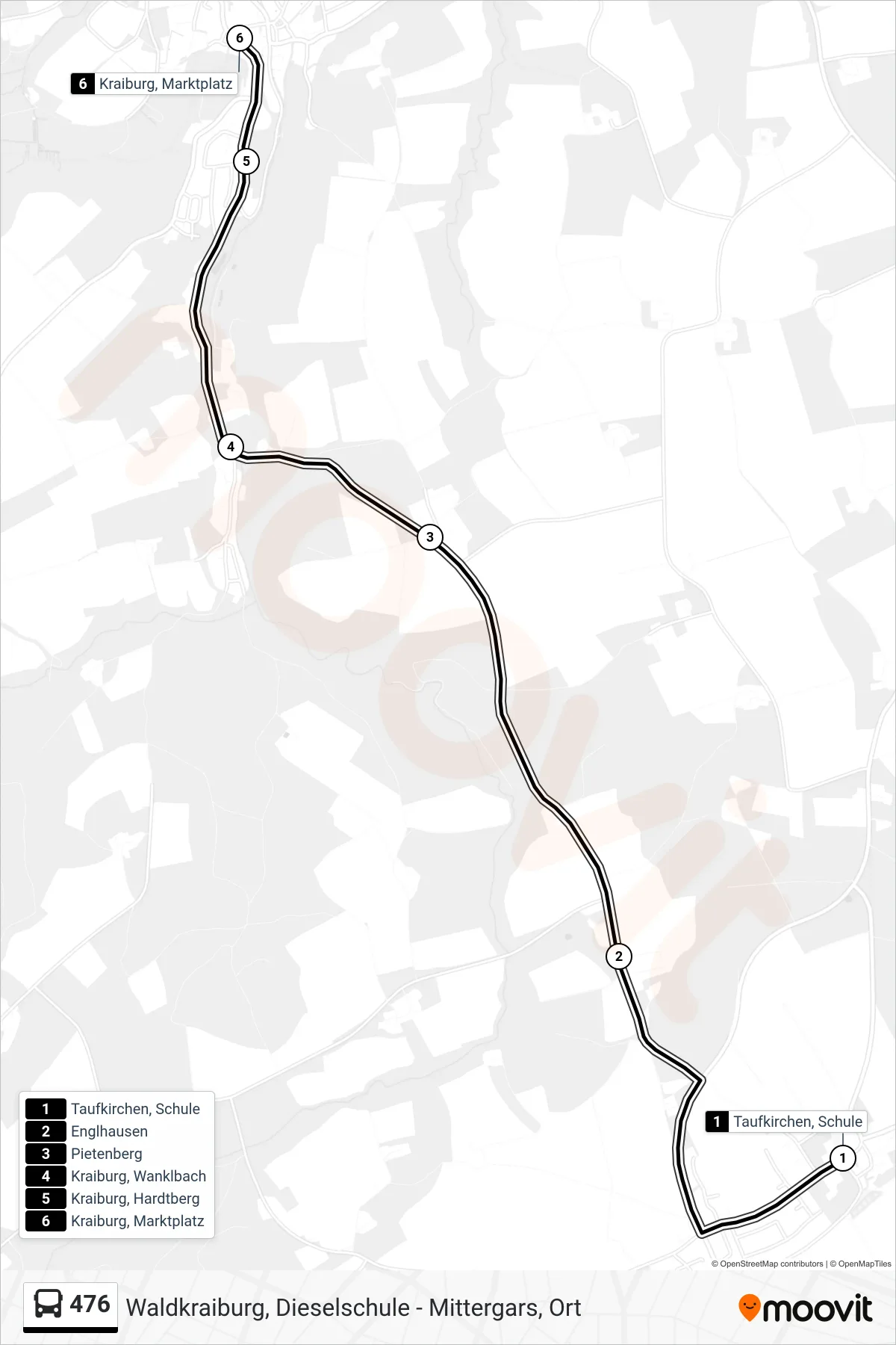 Linie 476 (Bus) Richtung Kraiburg, Marktplatz: Route und Haltestellen auf der Karte