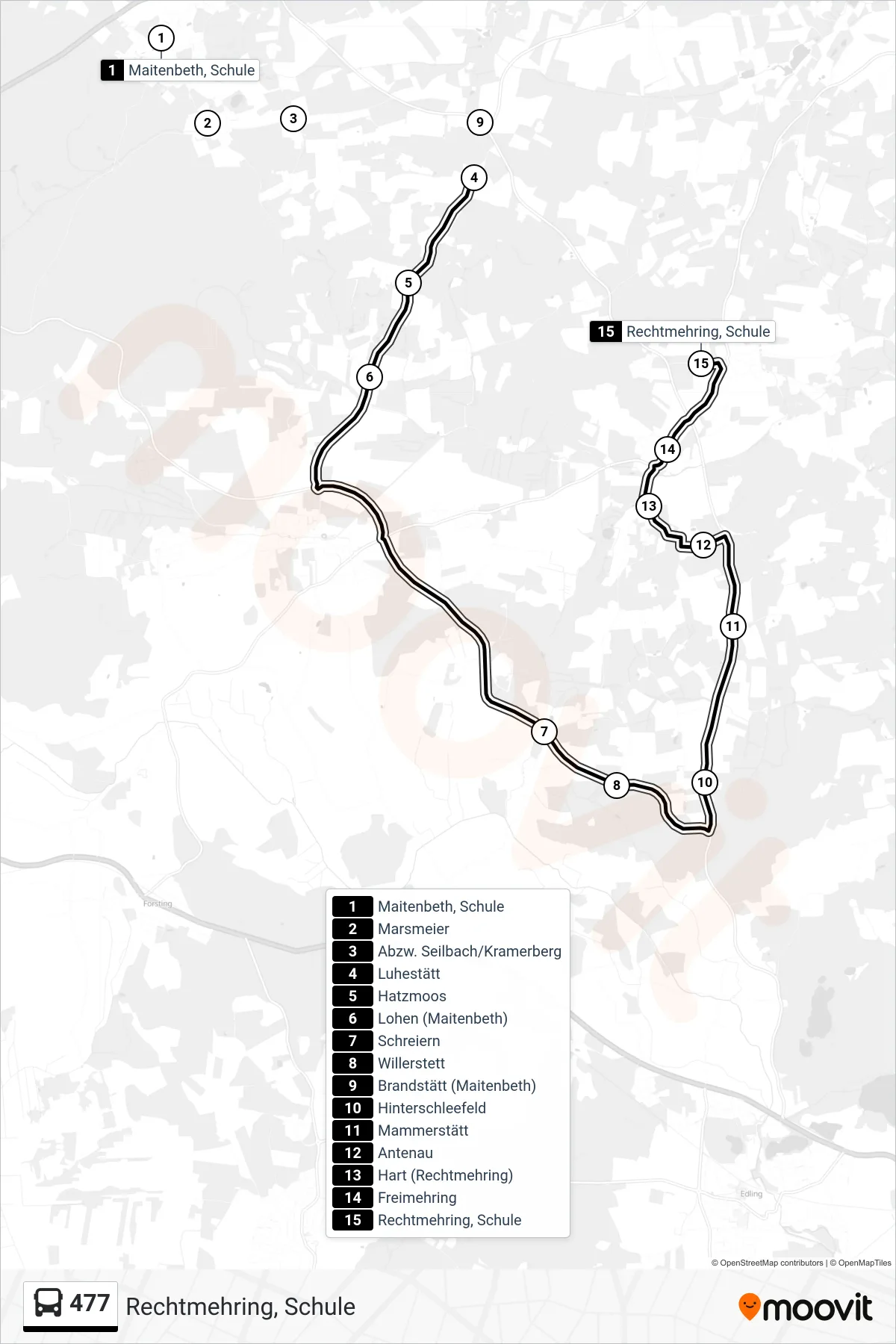 477 bus Line (Rechtmehring, Schule) route and stops on a map