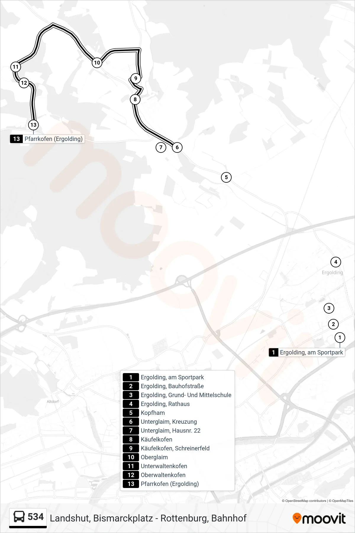 534 bus Line (Pfarrkofen (Ergolding)) route and stops on a map