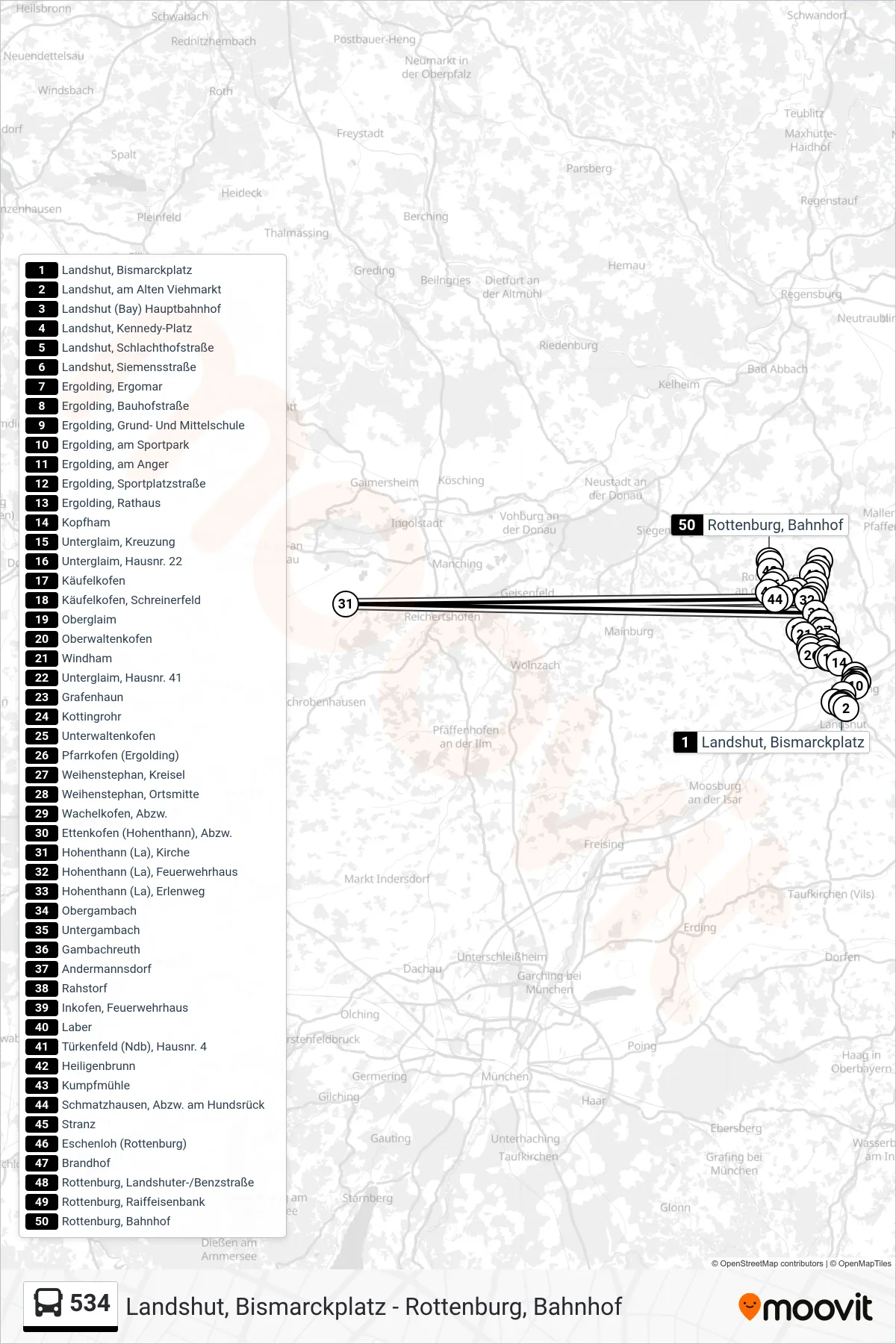 534 bus Line (Rottenburg, Bahnhof) route and stops on a map